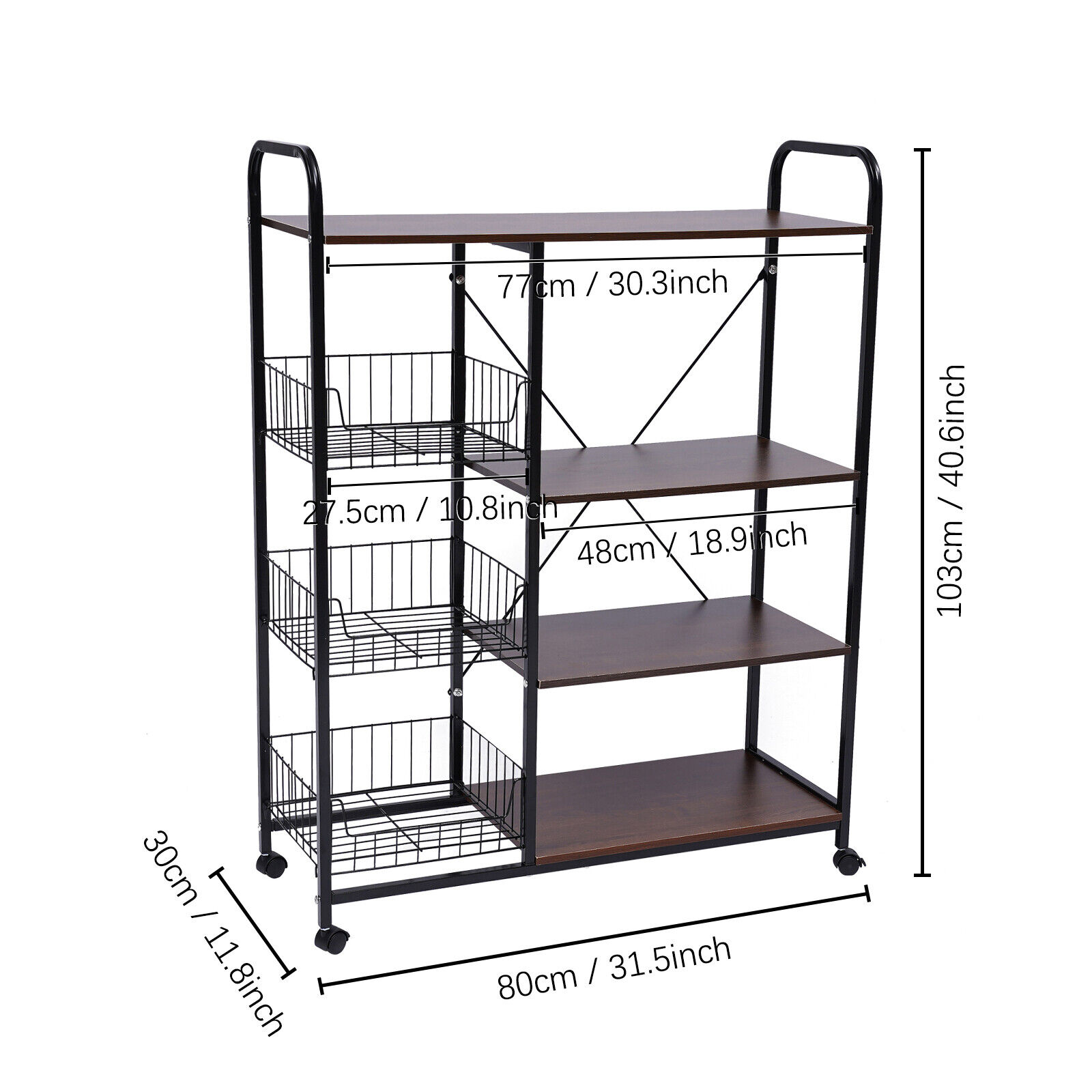 4-Tier Rolling Kitchen Bakers Rack 360° Moving Storage Trolley Stand W/3*Basket