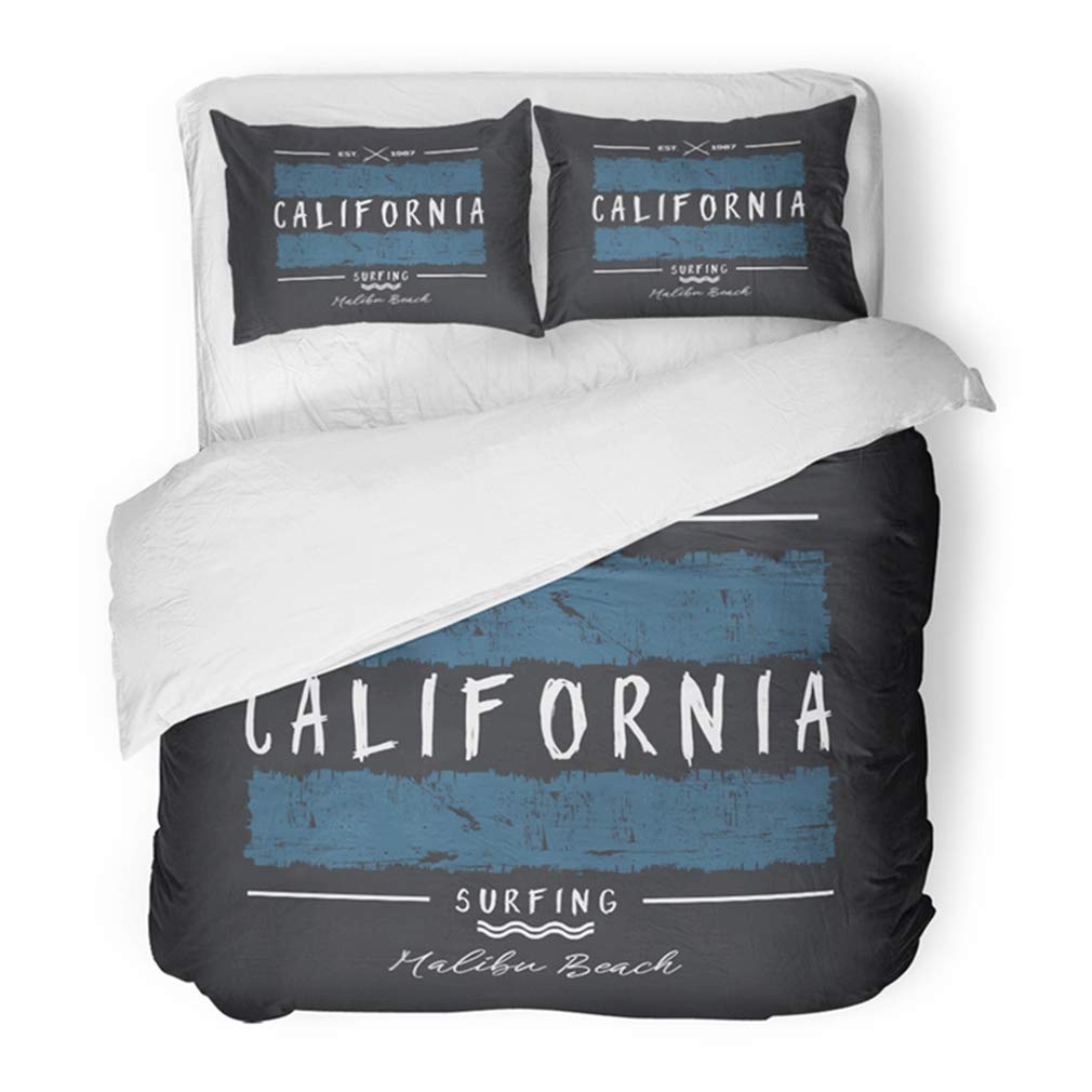 FMSHPON 3 Piece Bedding Set Blue Vintage On The of Surfing and Surf in California Malibu Beach Grunge Graphics Twin Size Duvet Cover with 2 Pillowcase for Home Bedding Room Decoration