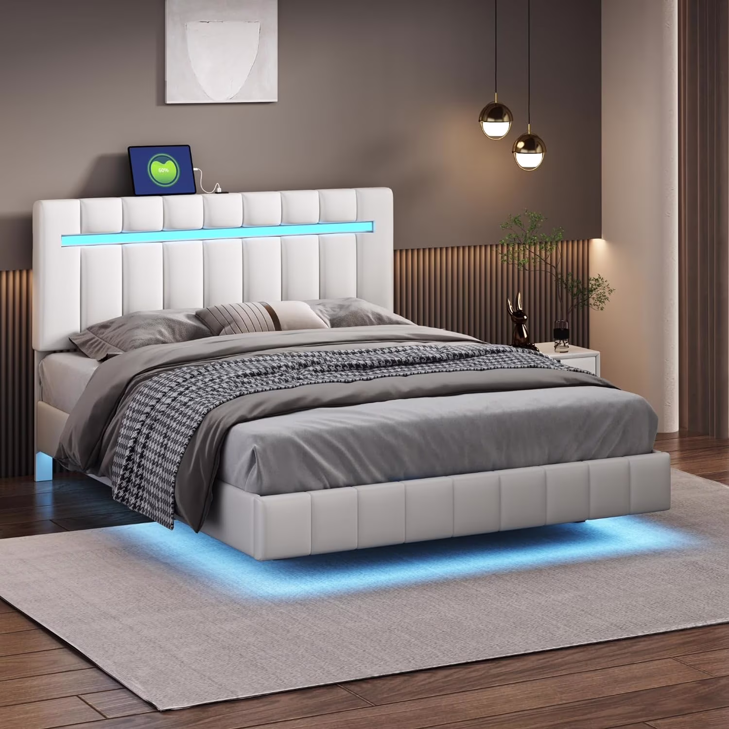 Queen Size Floating Bed Frame With LED Lights And USB Charging,Modern Queen PU Upholstered Platform LED Bed Frame,White