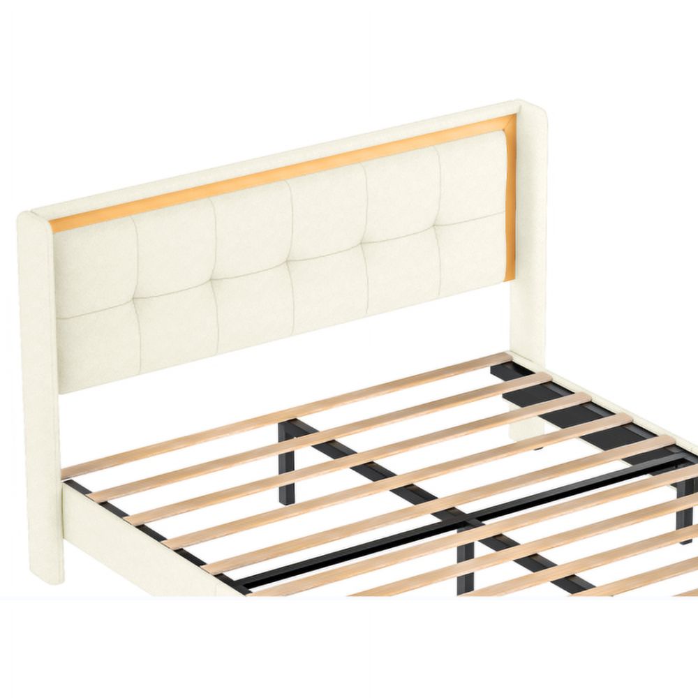 Bed Frame Queen Size No Box Spring Needed, Heavy Duty Upholstered Platform with Headboard, Easy Assembly, Noise Free, White
