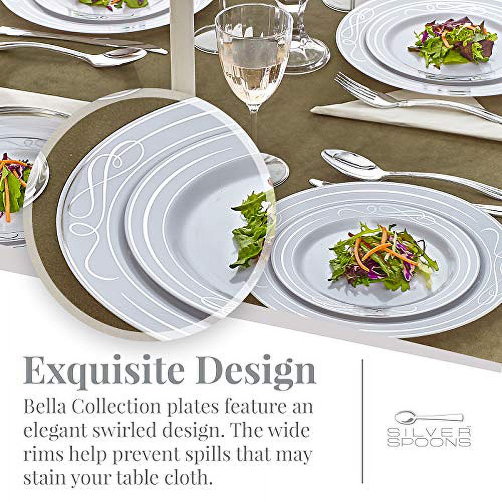 DISPOSABLE 40 PC DINNERWARE SET | 20 Dinner Plates | 20 Salad Plates | Heavy Duty Plastic Dishes | Elegant Fine China Look | Bella Collection (Silver)