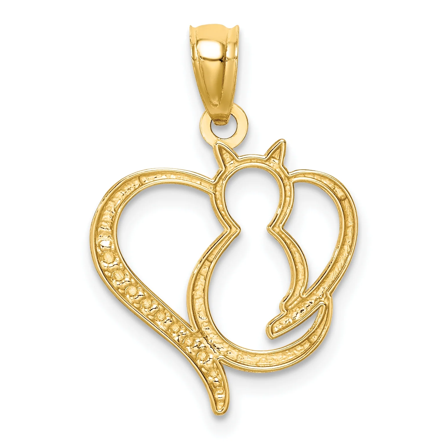 14K Two-Tone Gold Rhodium Sitting Cat In A Heart Pendant With 14K Yellow Gold Light Weight Rope Chain 18