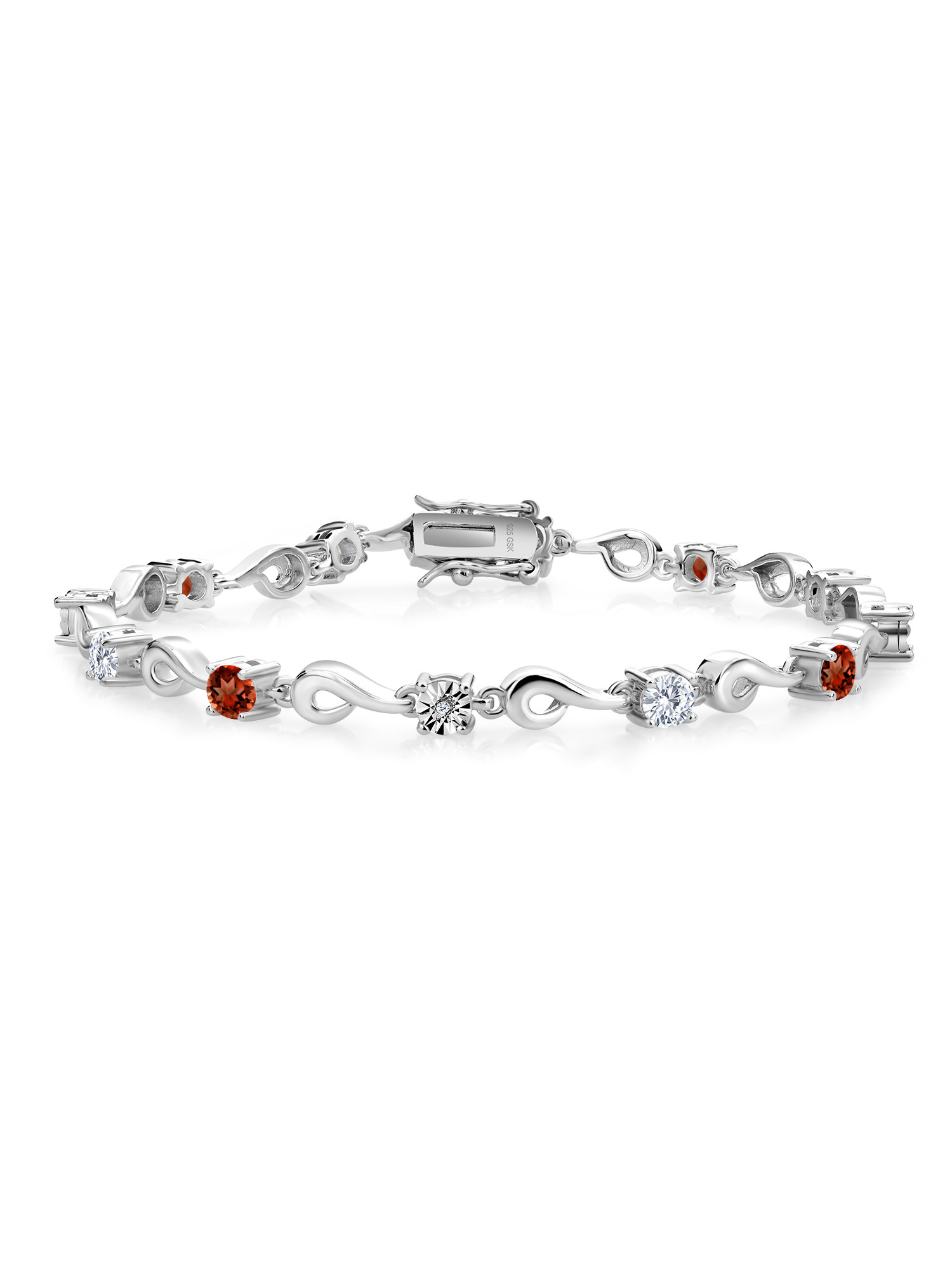 Gem Stone King 925 Sterling Silver Sky Blue Aquamarine and Red Garnet and White Lab Grown Diamond Bracelet For Women (2.75 Cttw, Gemstone March Birthstone, Round 4MM, 7 inch)