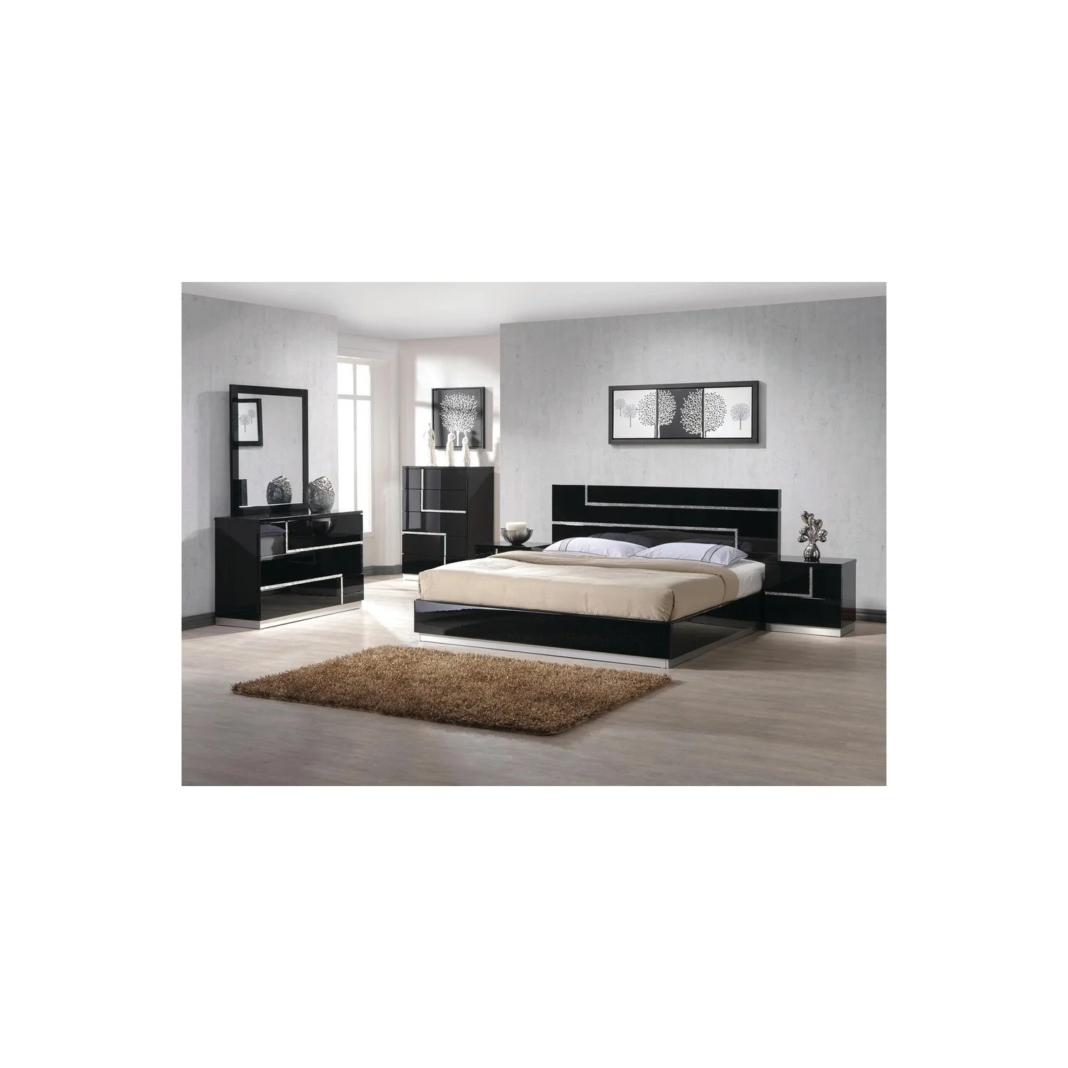 Best Master Barcelona 5-Piece Wood Queen Bedroom Set in Black High Gloss