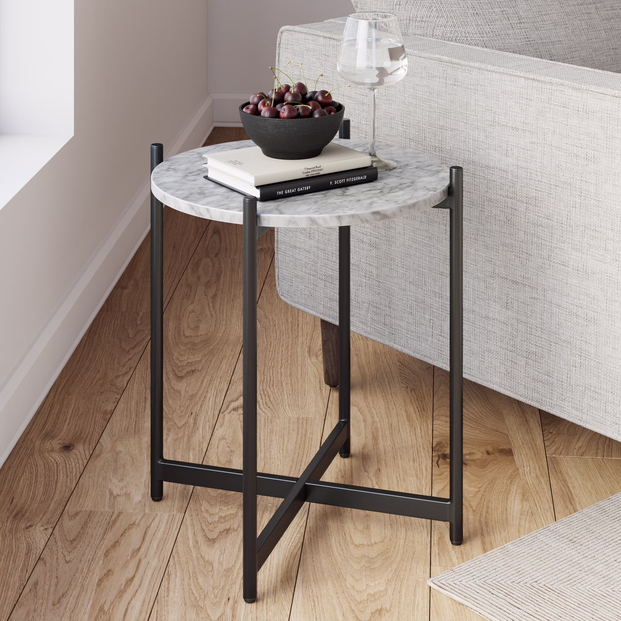 Nathan James Roland Modern White Faux Marble Round Accent Side Table, Metal End Table with X-shaped Base, White/Black