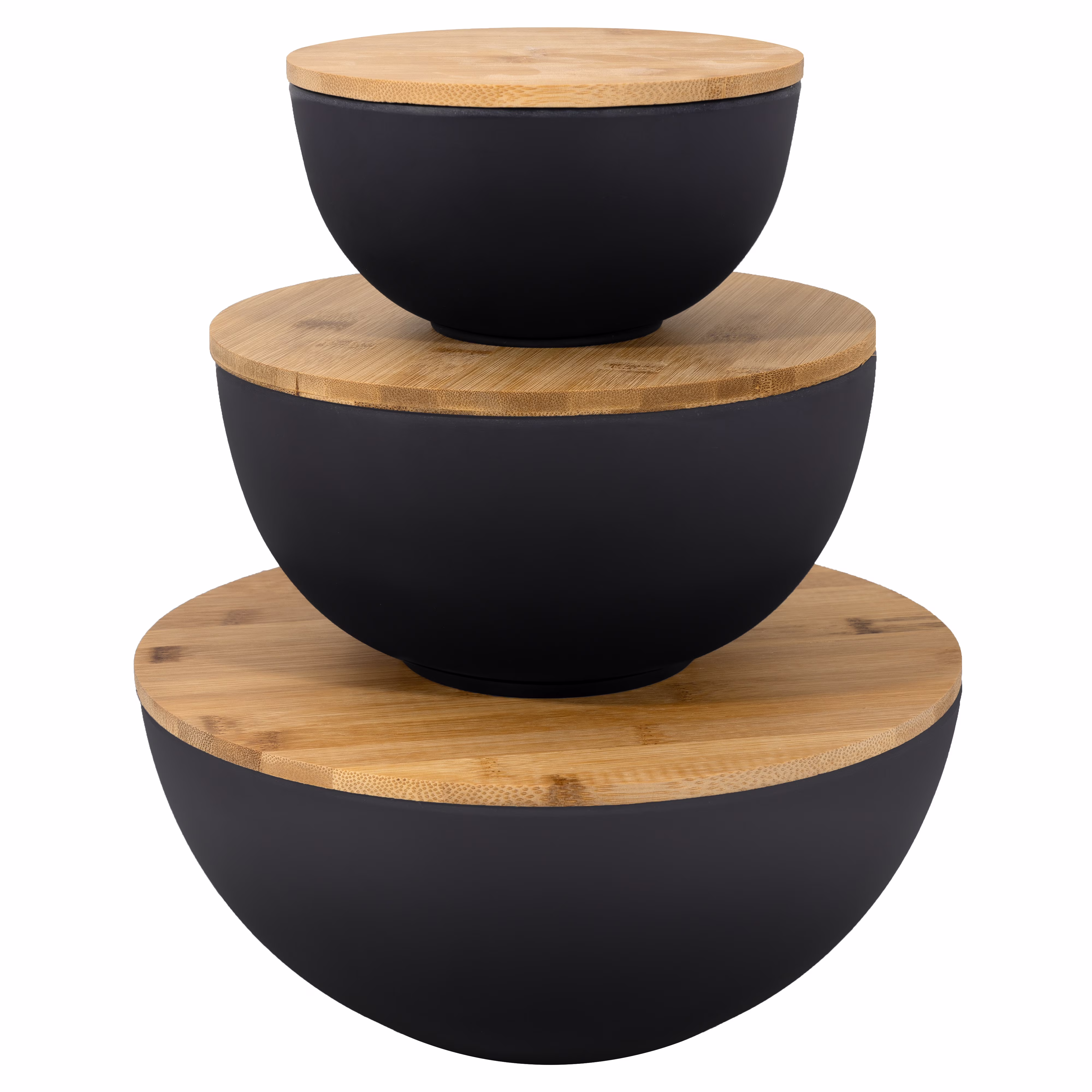 Bremel Home Large Salad Bowl Set of 3 Black Bowls with Wooden Lids, Bamboo Fiber Mixing & Storage