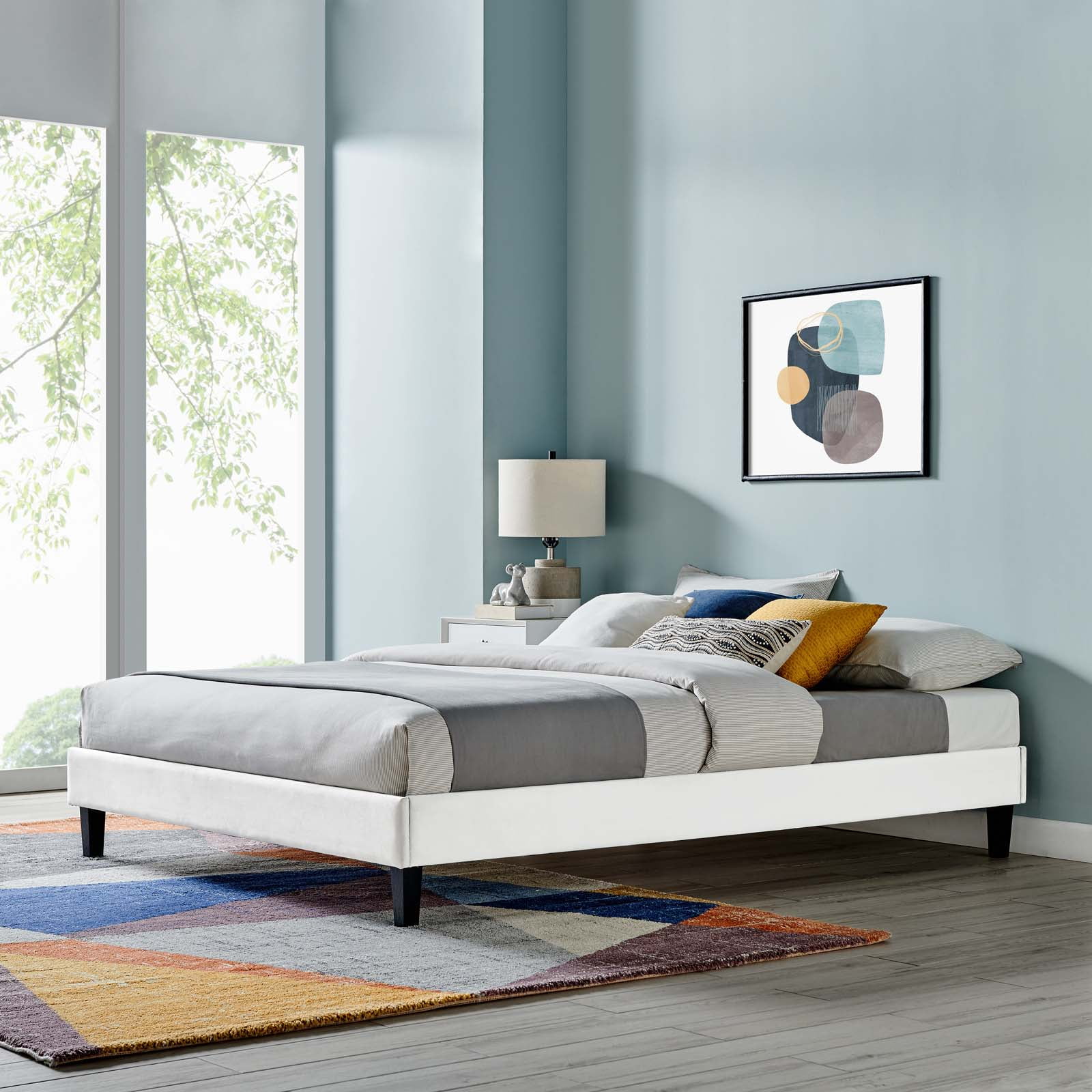 Platform Bed Frame, Queen Size, Velvet, White, Modern Contemporary Urban Design, Bedroom Master Guest Suite