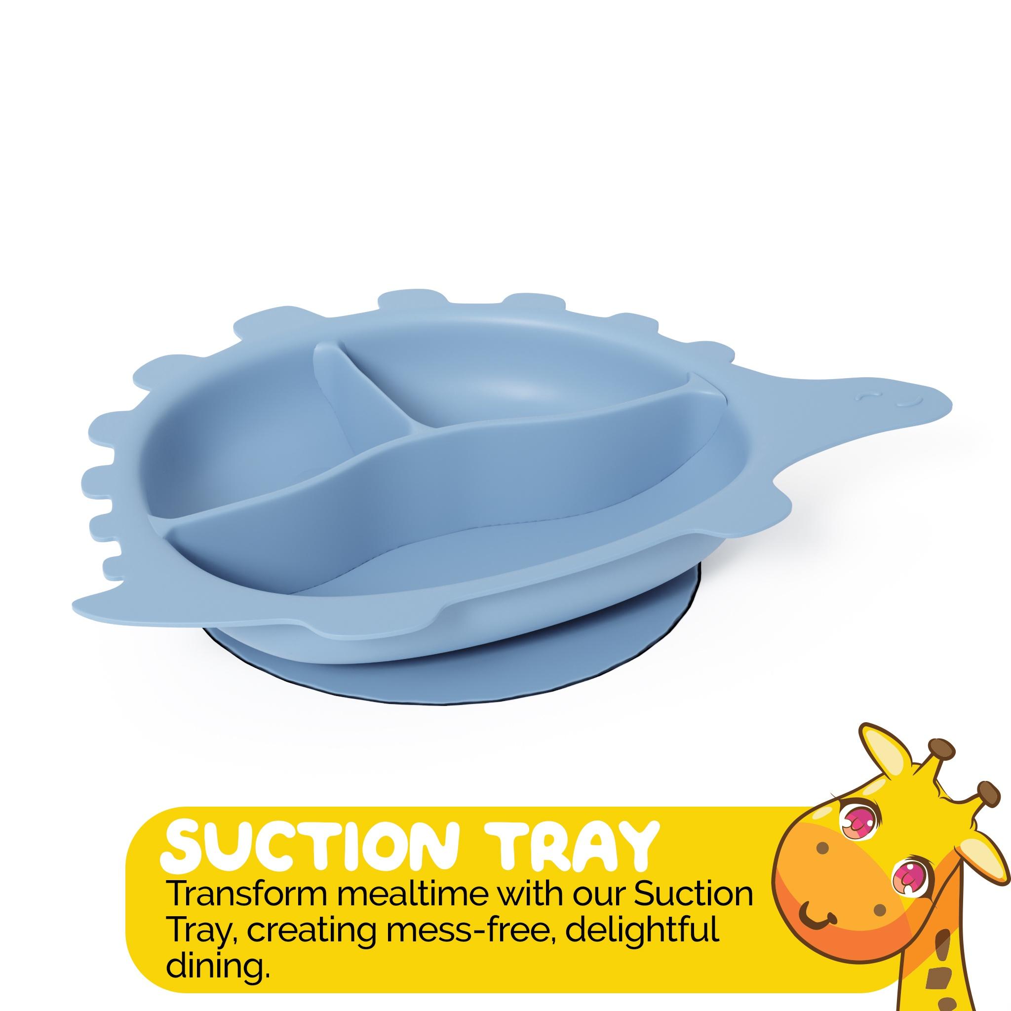 Muqee Peeko Baby Feeding Set with a Baby Tray, Baby Suction Bowl and Infant Spoon and Fork in Blue - (4 Piece Set)