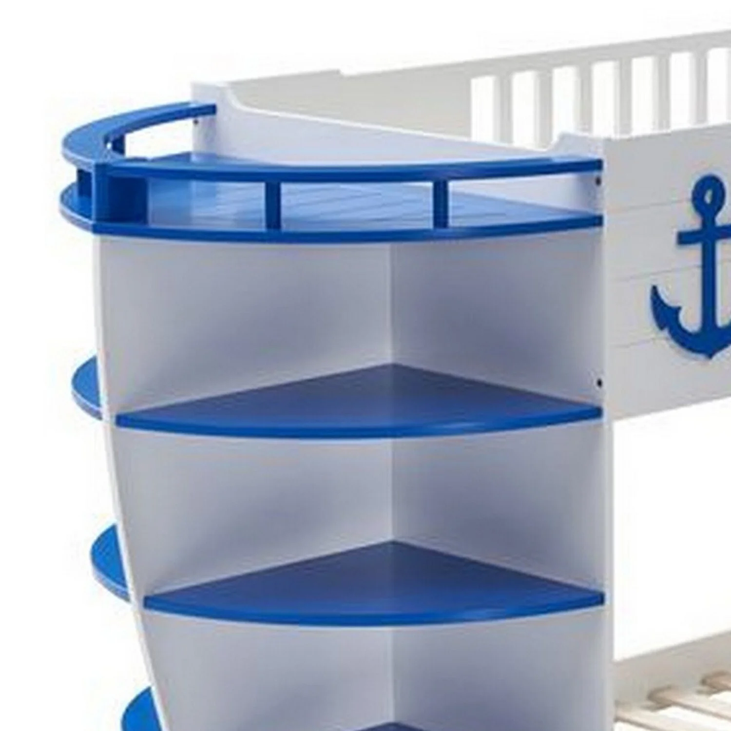 Benjara Twin over Twin Bunk Bed with 9 Shelves and Nautical Design, White and Blue
