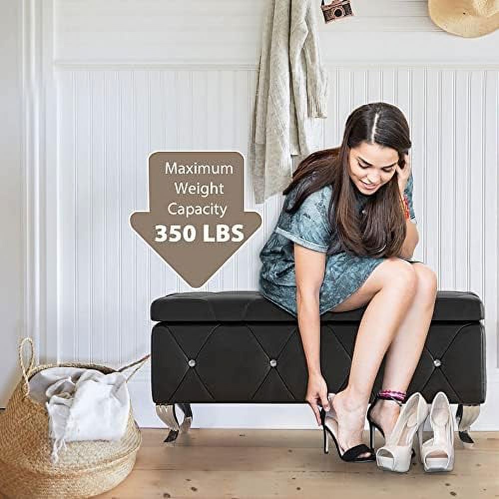 KBANZIBIU Ottoman Bench  38'' Upholstered Black Faux Leather Ottoman with Crystal Tufted Button  Flip Top Foot   End of Bed Bench  Bench Seat for Bedroom  Living Room  Vanity  350