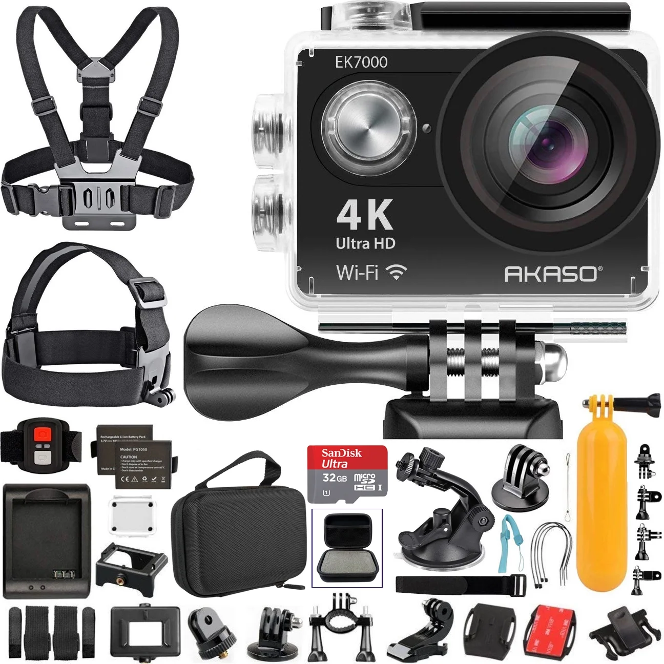 AKASO EK7000 4K Video WiFi Action Camera Ultra HD Waterproof DV Camcorder 12MP 170 Degree Wide Angle LCD (Black) with Wireless Remote Custom Case Memory Card Sports Camera Starter Kit