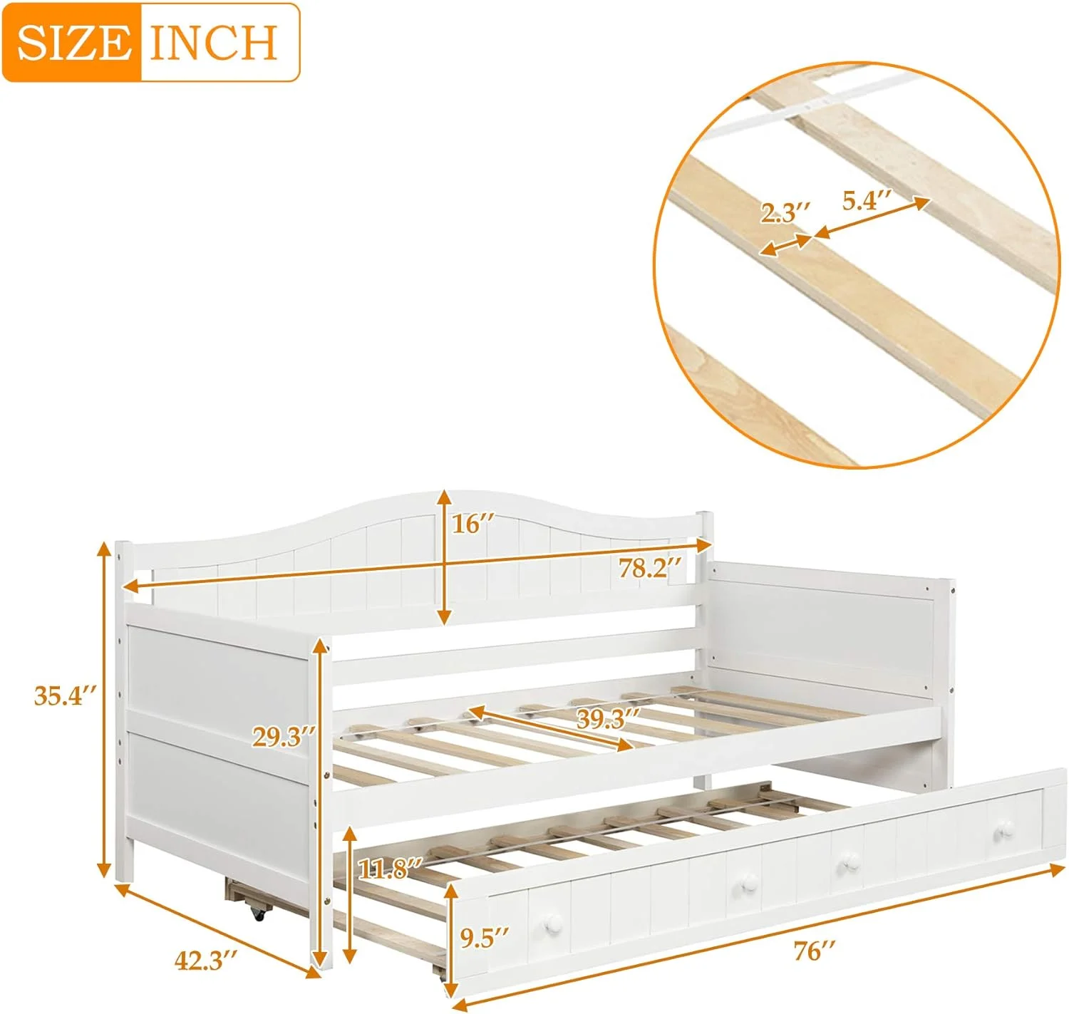 Daybed With Trundle, Woooden Bed Frame With Trundle, Sofa Bed Bed For Bedroom Living Room, No Box Spring Needed – White