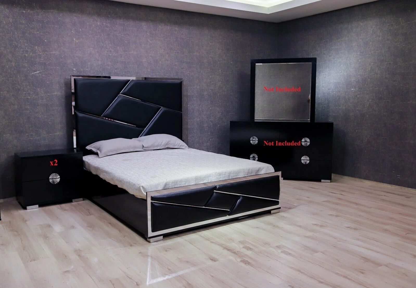 Modern 3pc Black Padded Headboard Mirrored Accents King Bed 2x Nightstand Set Unique Drawer Hardware Bedroom Set