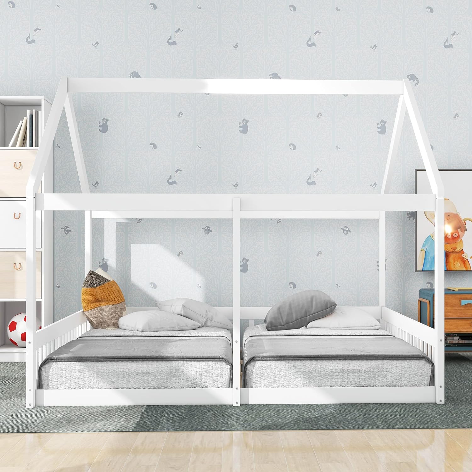House Bed For 2 Kids, Double Shared Size Beds, Wooden Toddler, Montessori, Floor, Teens, Boys & Girls, Can Be Decorated Tent (Double, White)