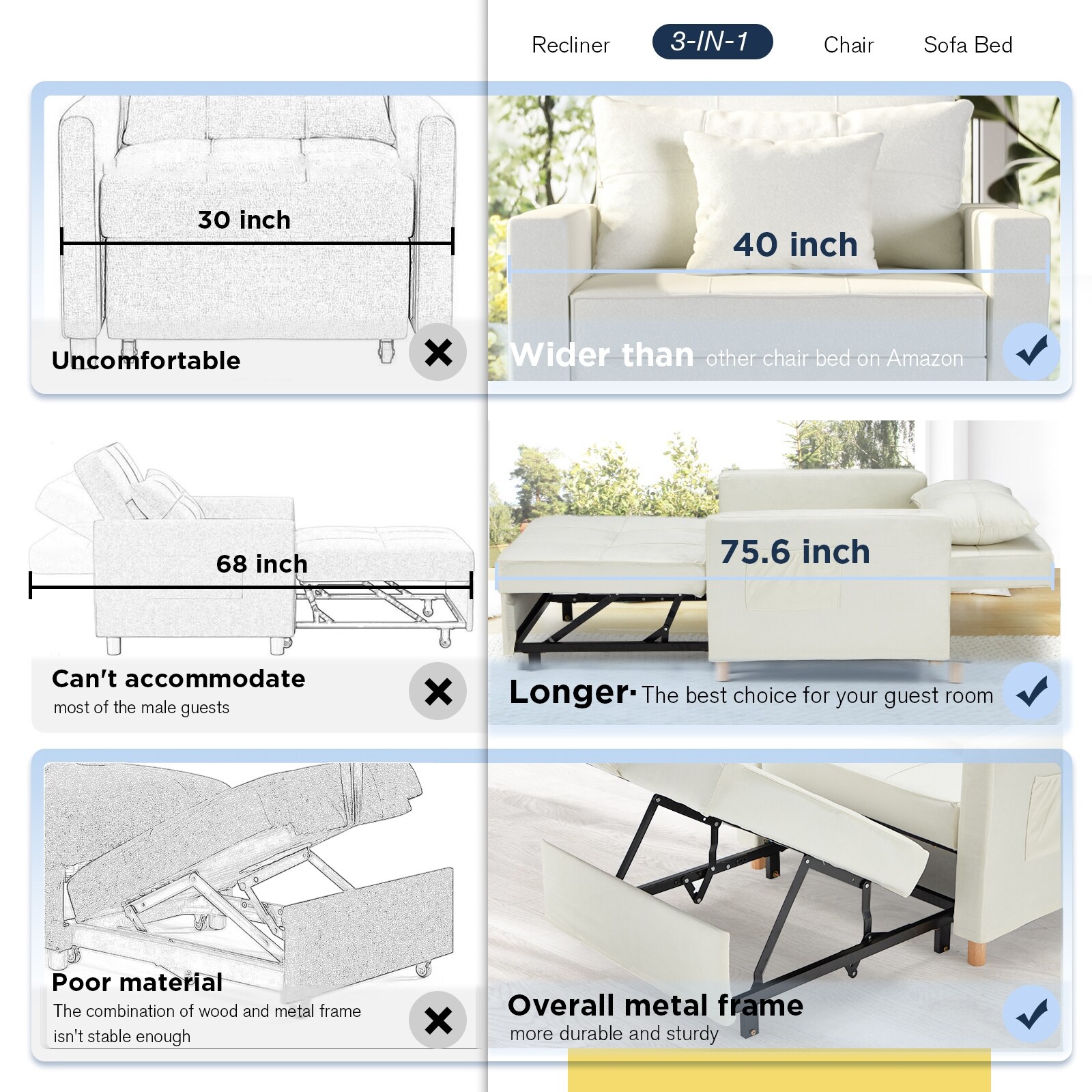 AECOJOY Sleeper Chair Bed 3-in-1 Convertible Multi-Functional Sofa Bed White