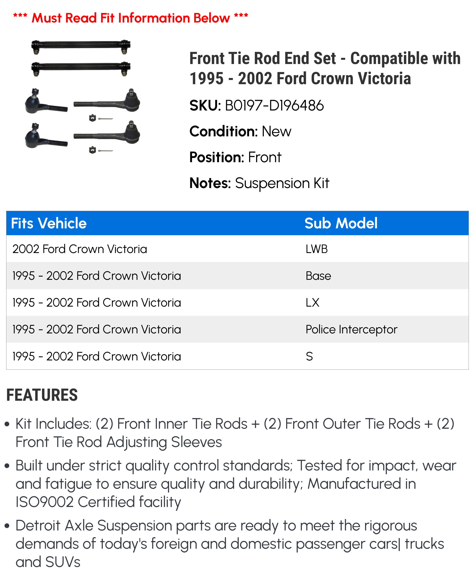 Front Tie Rod End Set - Compatible with 1995 - 2002 Ford Crown Victoria 1996 1997 1998 1999 2000 2001