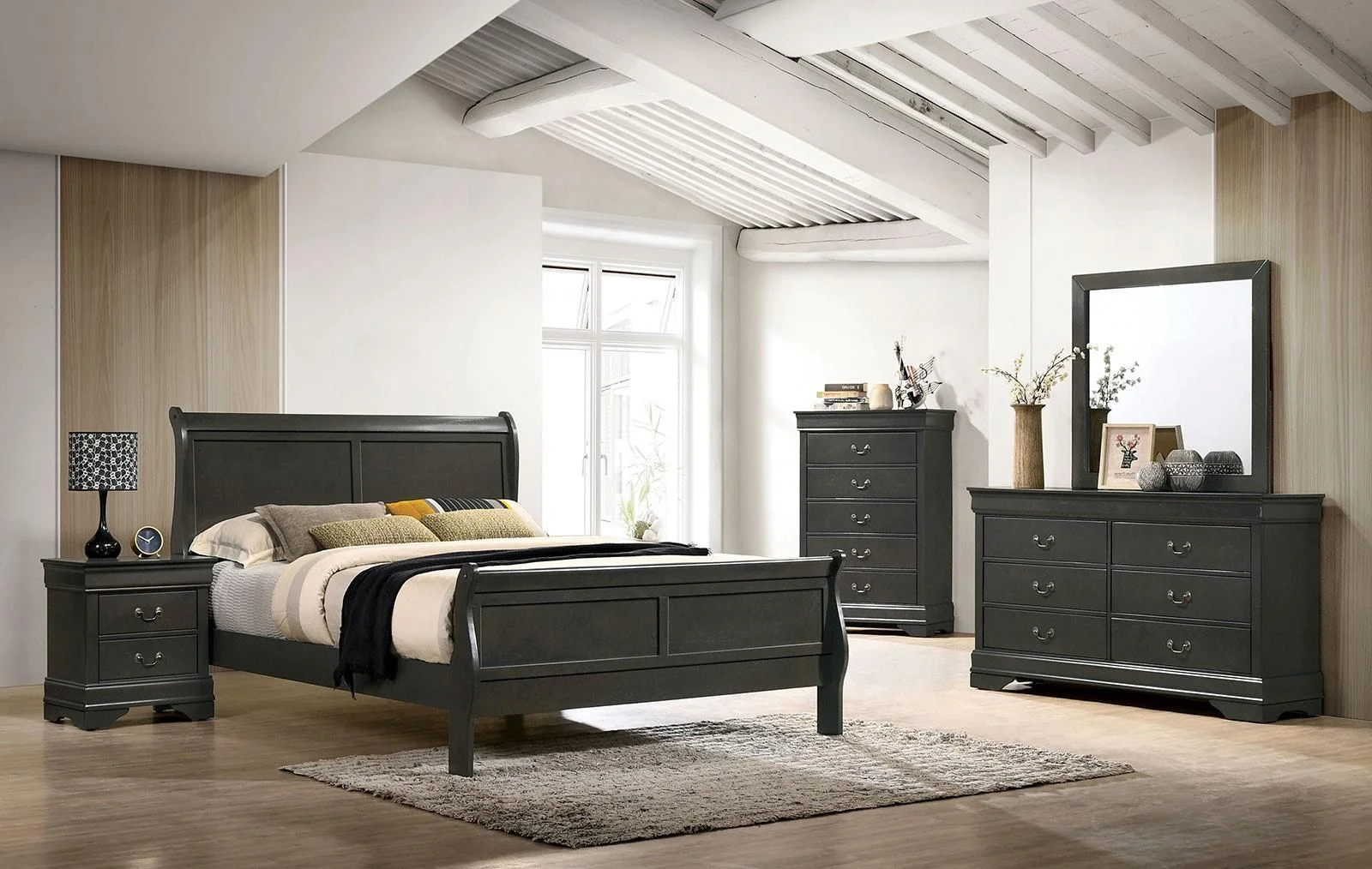 Transitional Gray Solid Wood King Bedroom Set 6pcs FOA CM7966GY Louis Philippe