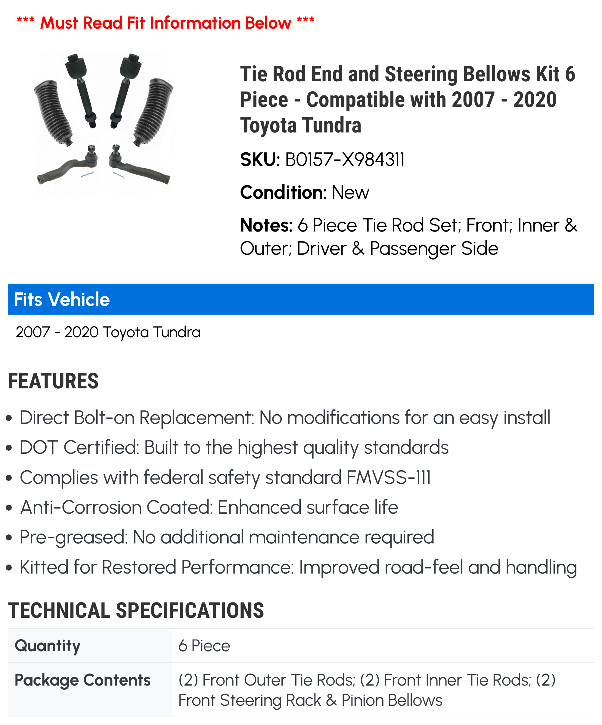 Tie Rod End and Steering Bellows Kit 6 Piece - Compatible with 2007 - 2020 Toyota Tundra 2008 2009 2010 2011 2012 2013 2014 2015 2016 2017 2018 2019