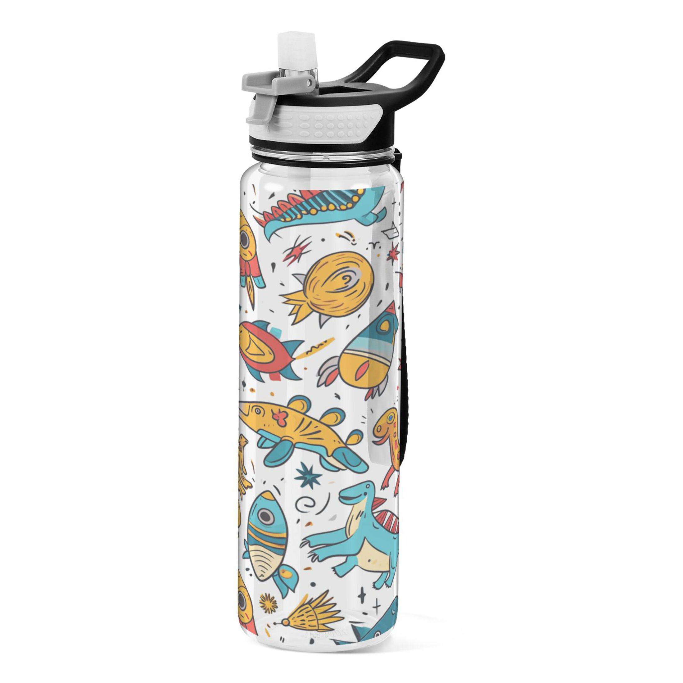 Abstract Cartoon Dinosaurs 32oz Sports Water Bottles Leakproof Tritan Bottle with Straw BPA Free Clear Bottle for Fitness Gym Outdoor Cycling