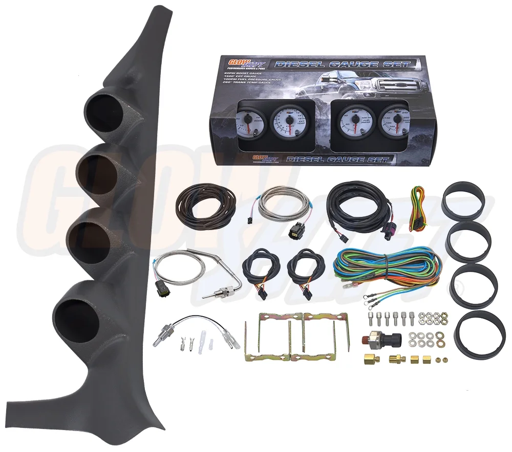GlowShift 1992-1997 Ford F-Series Gray Quad Gauge Package with White 7 Color DS4 Gauge Set