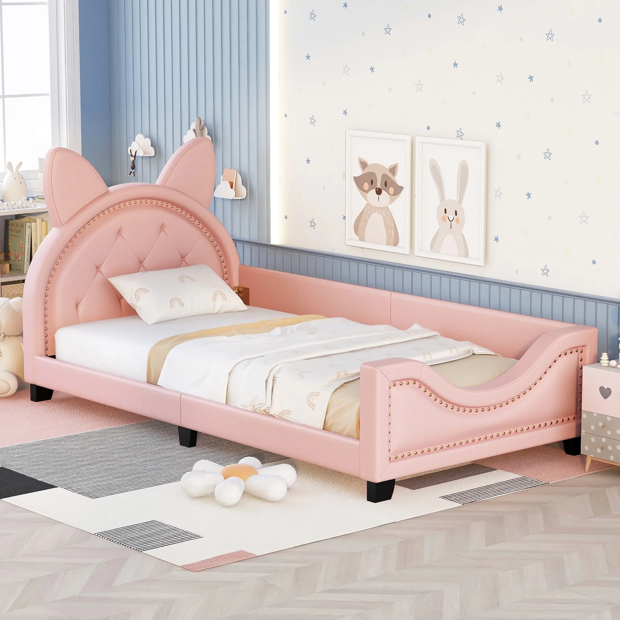 iRerts Twin Size Upholstered Daybed with Carton Ears Shaped Headboard Wooden Cute Twin Platform Bed Frame for Kids, PU Leather, Pink