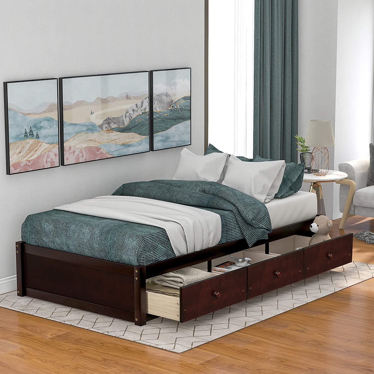Storage Bed With 3 Drawers, Wood Platform Bed Frame With Storage Drawers, Bed Frame With Wood Slat Support, No Box Spring Needed,Cherry