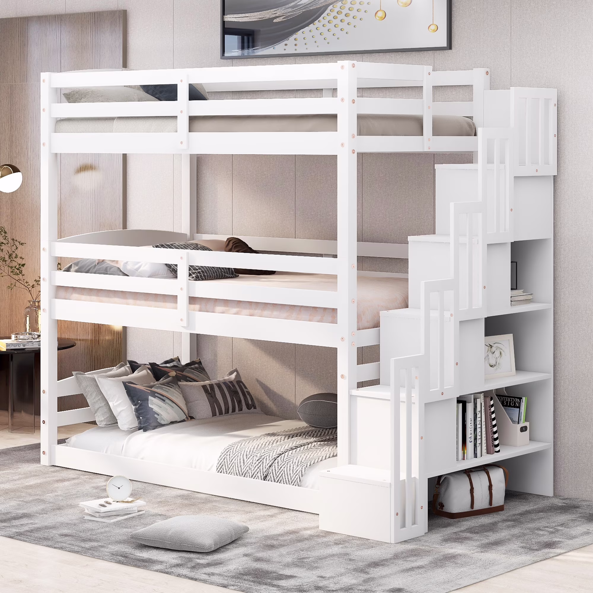 CoSoTower Twin Size Triple Bunk Bed With Storage Staircase, Separate Design, White, Expected Arrival Time:1010