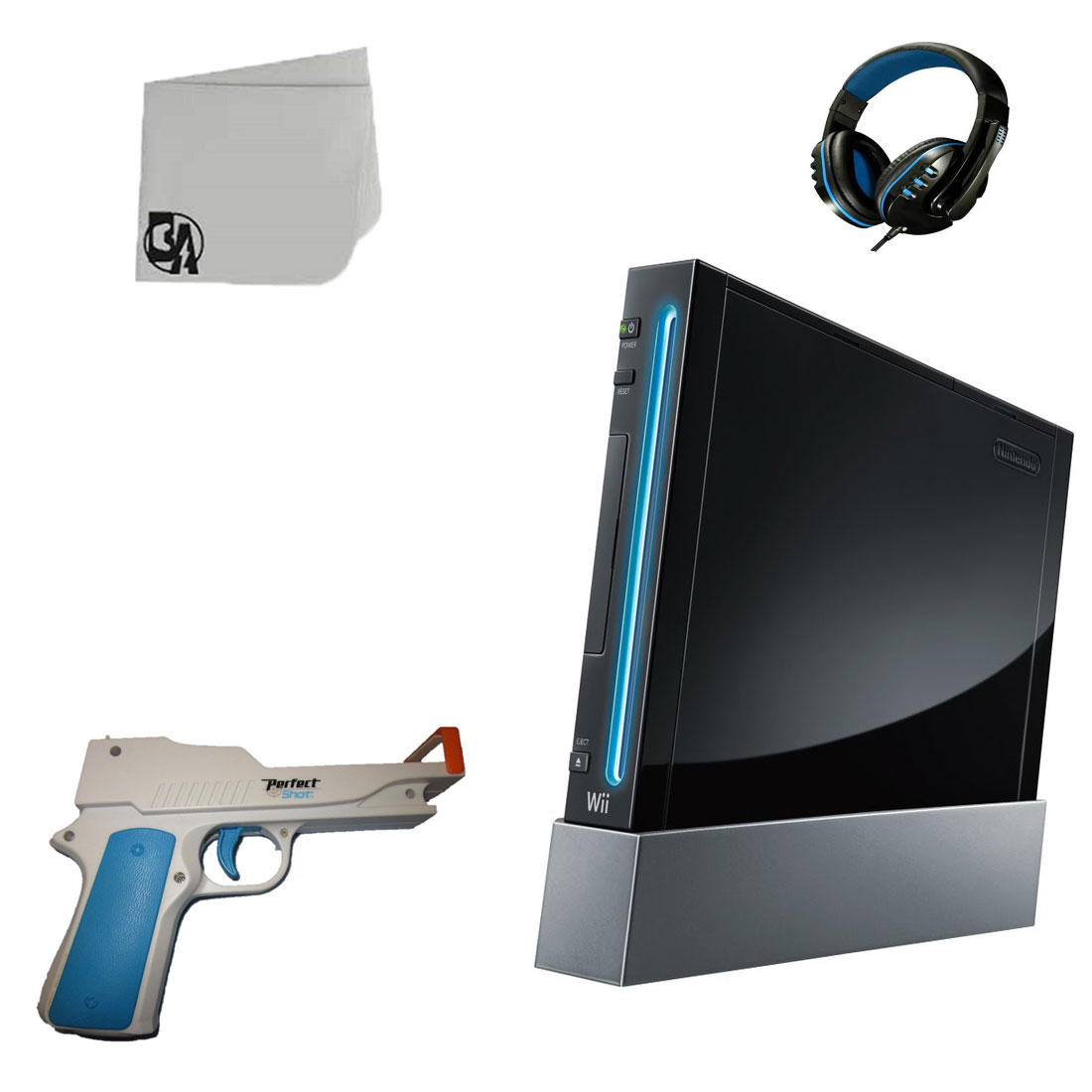 Nintendo Wii Black Gaming Console With Perfect Shot + Head Set BOLT AXTION Bundle Like New