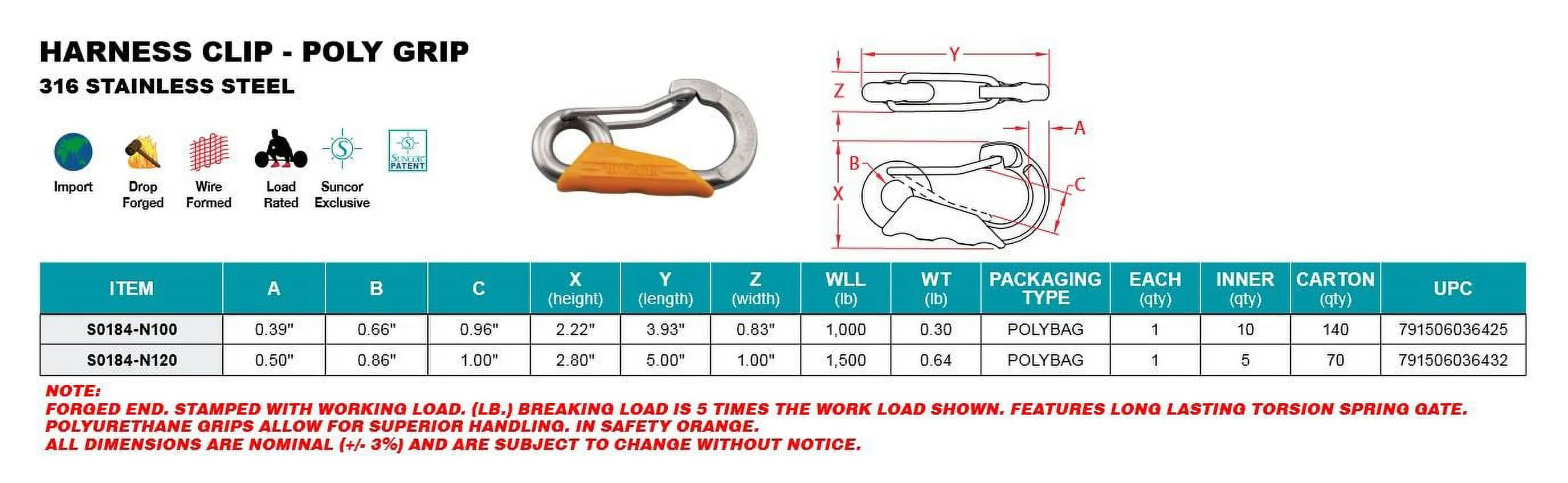 316 STAINLESS STEEL HARNESS CLIP POLY GRIP CARABINER 4-3/4