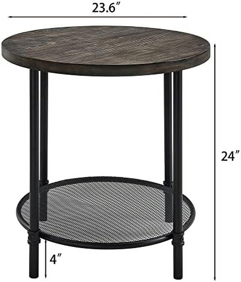 TJUNBOLIFE Round Industrial End Table  23.6in Metal Frame Round Accent  with   Solid Wood Circle Tabletop Bedside Table for Living Room Bedroom  Brushed Black