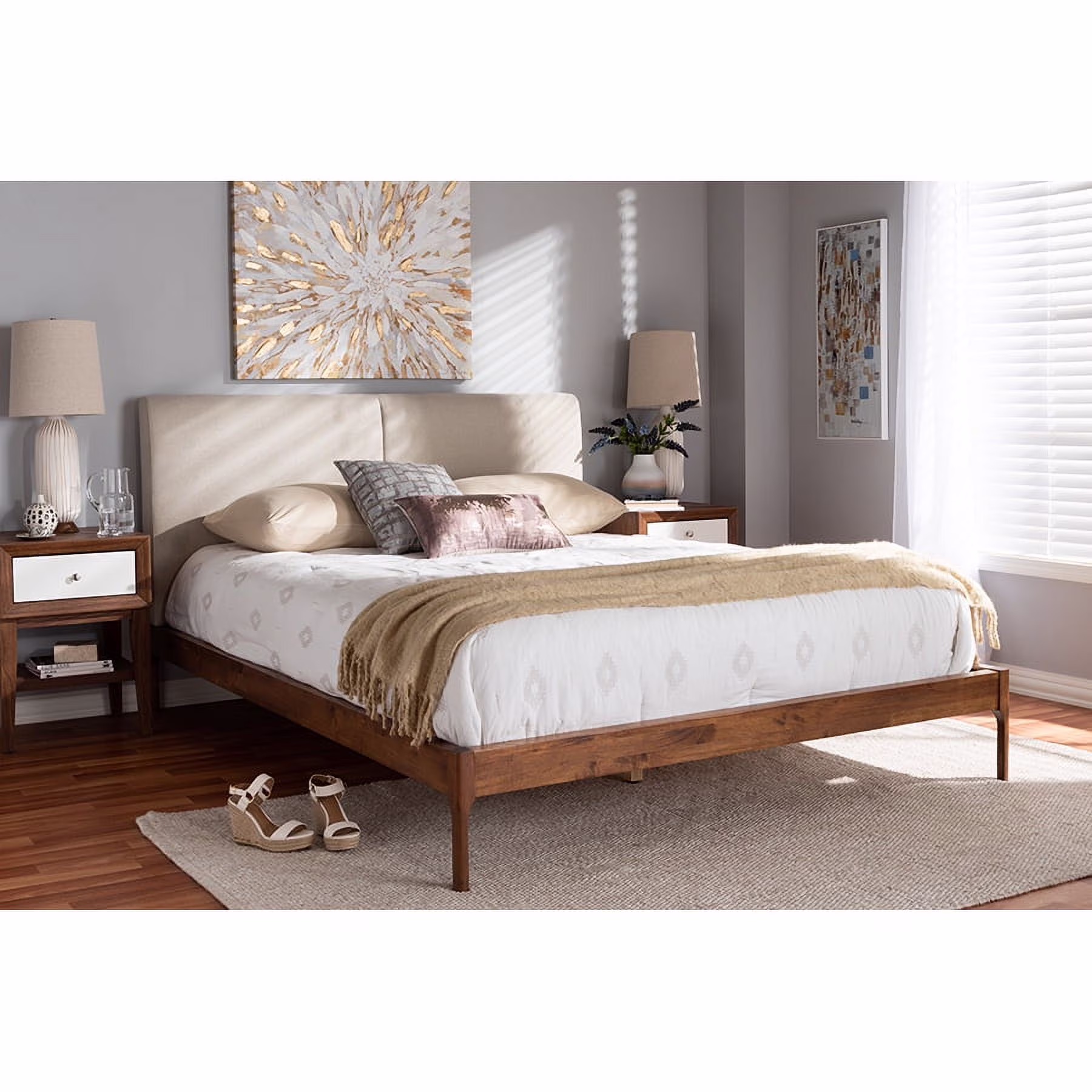Baxton Studio Aveneil Mid-Century Modern Beige Fabric Upholstered Walnut Finished Full Size Platform Bed