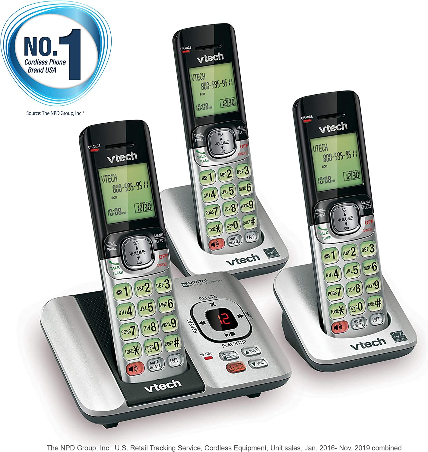 VTech CS 3-Handset Expandable Cordless Phone with Answering System-Caller ID/Call Waiting & Backlit Display/Keypad, Silver Silver 3 Handsets Phone