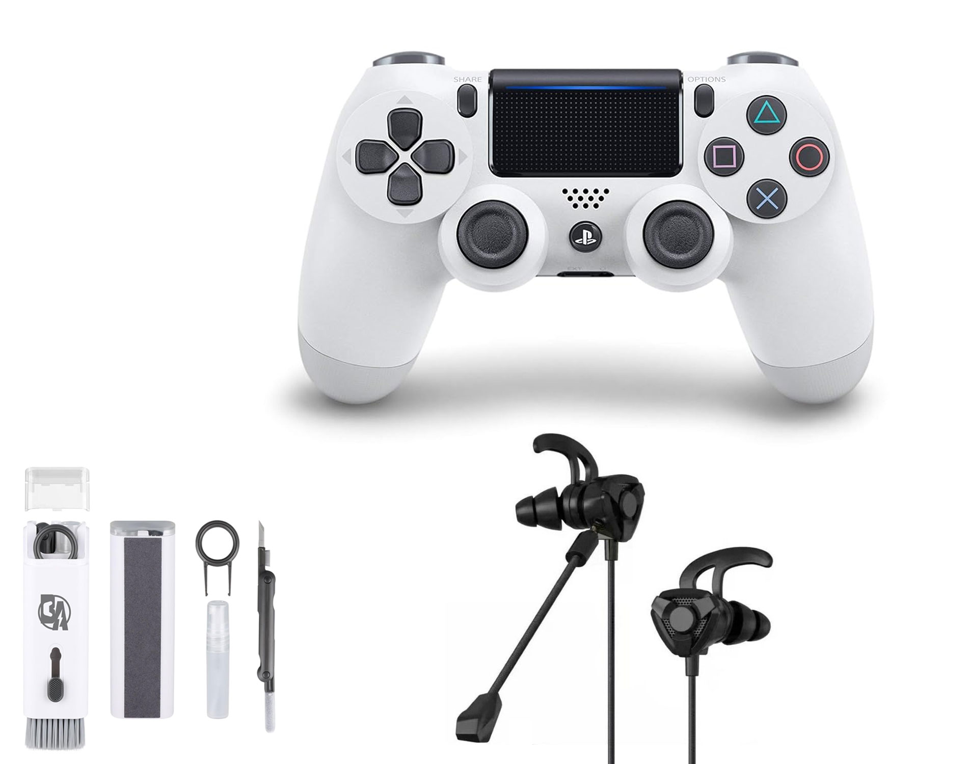 Sony Dual Shock White Gaming Controller PS4 Console With Black Gaming Buds + Cleaning Kit BOLT AXTION Bundle Like New