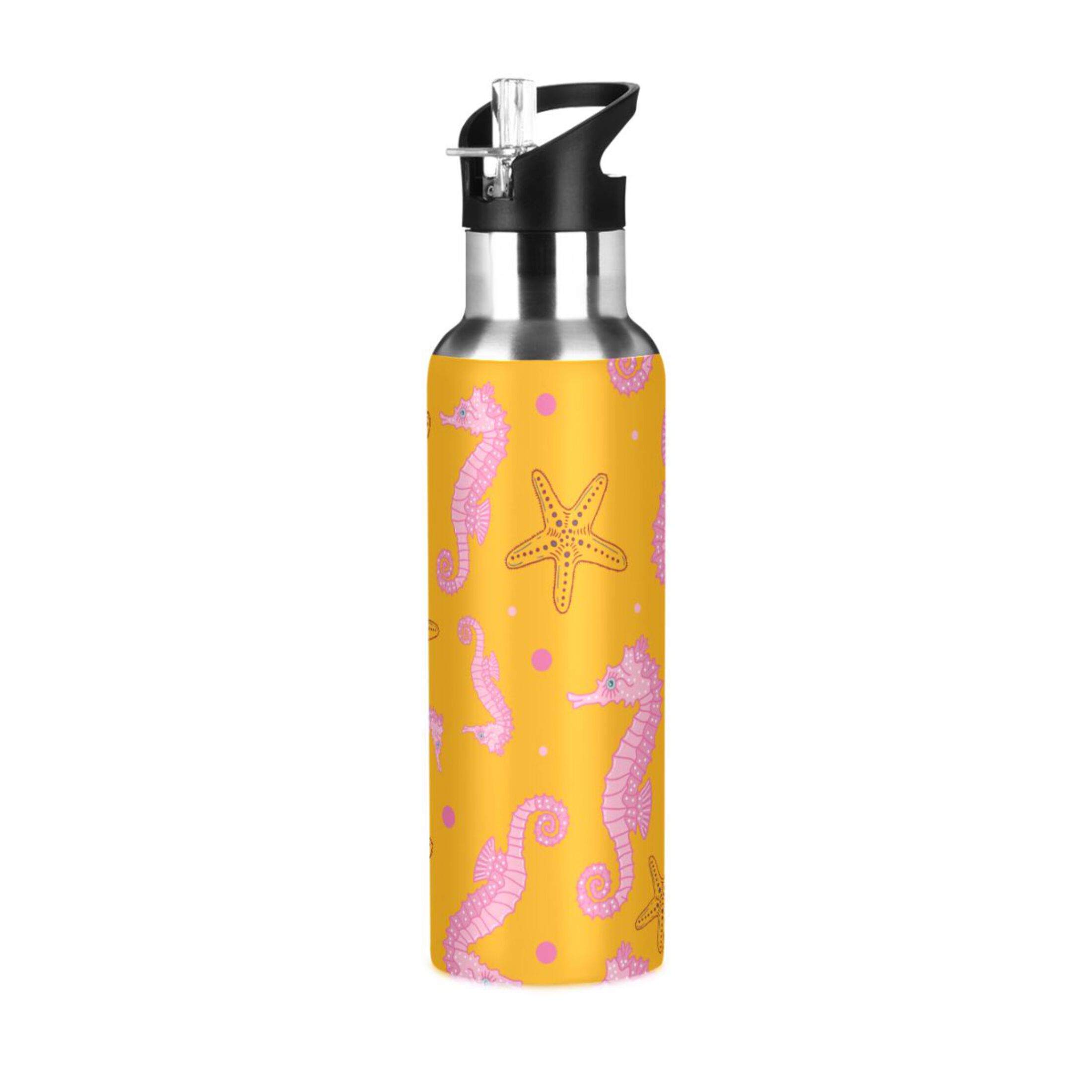 Water Bottle with Straw Lid Leak Seahorse Starfish Polka Dots Stainless Steel Insulated Thermos Vacuum Flask for Cold Hot Drinking for Sports Camping Gym Yoga