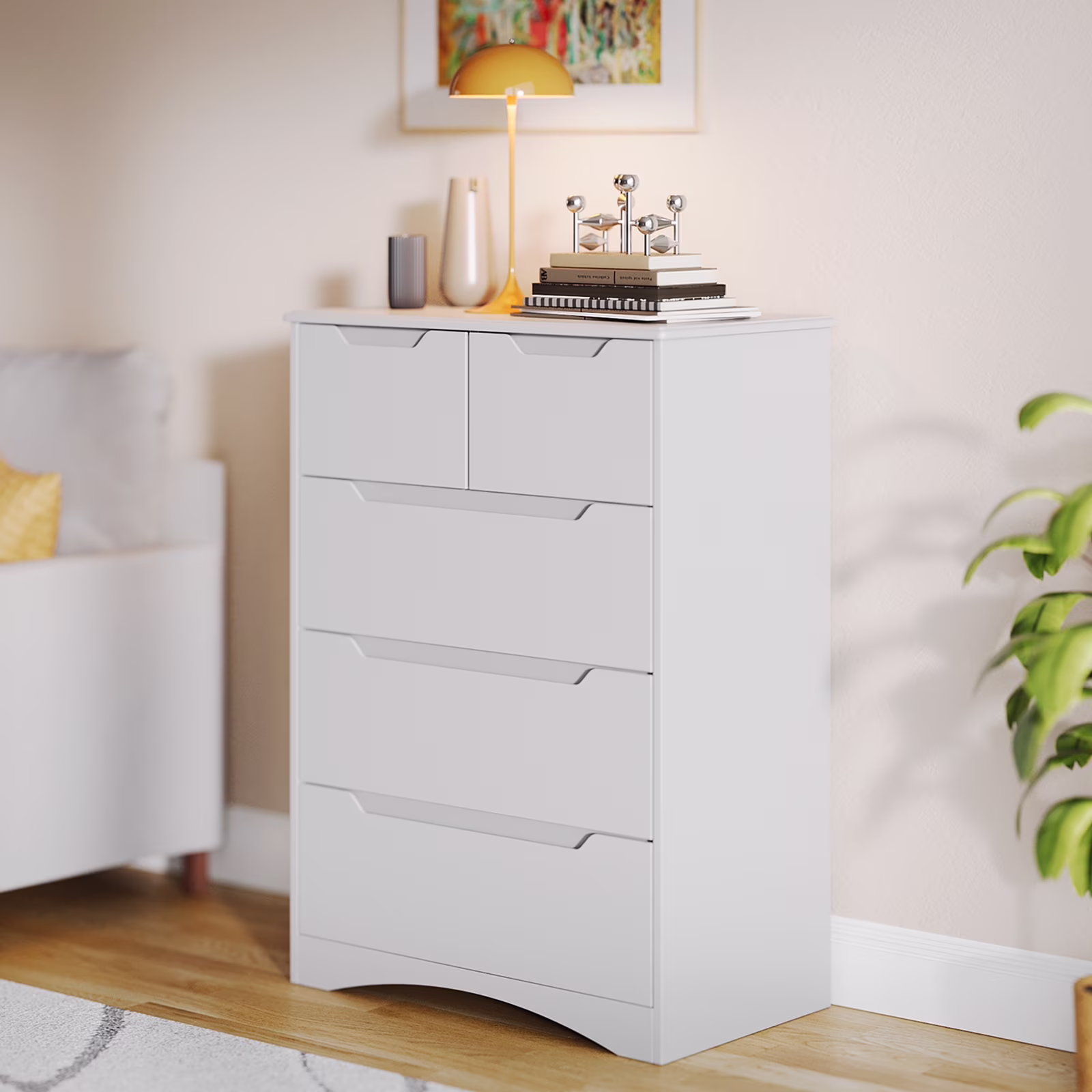 Asofer Bedroom Dressers, 5 Drawer Chest for Clothes and Toys, Living Room Wood Storage Cabinet , White