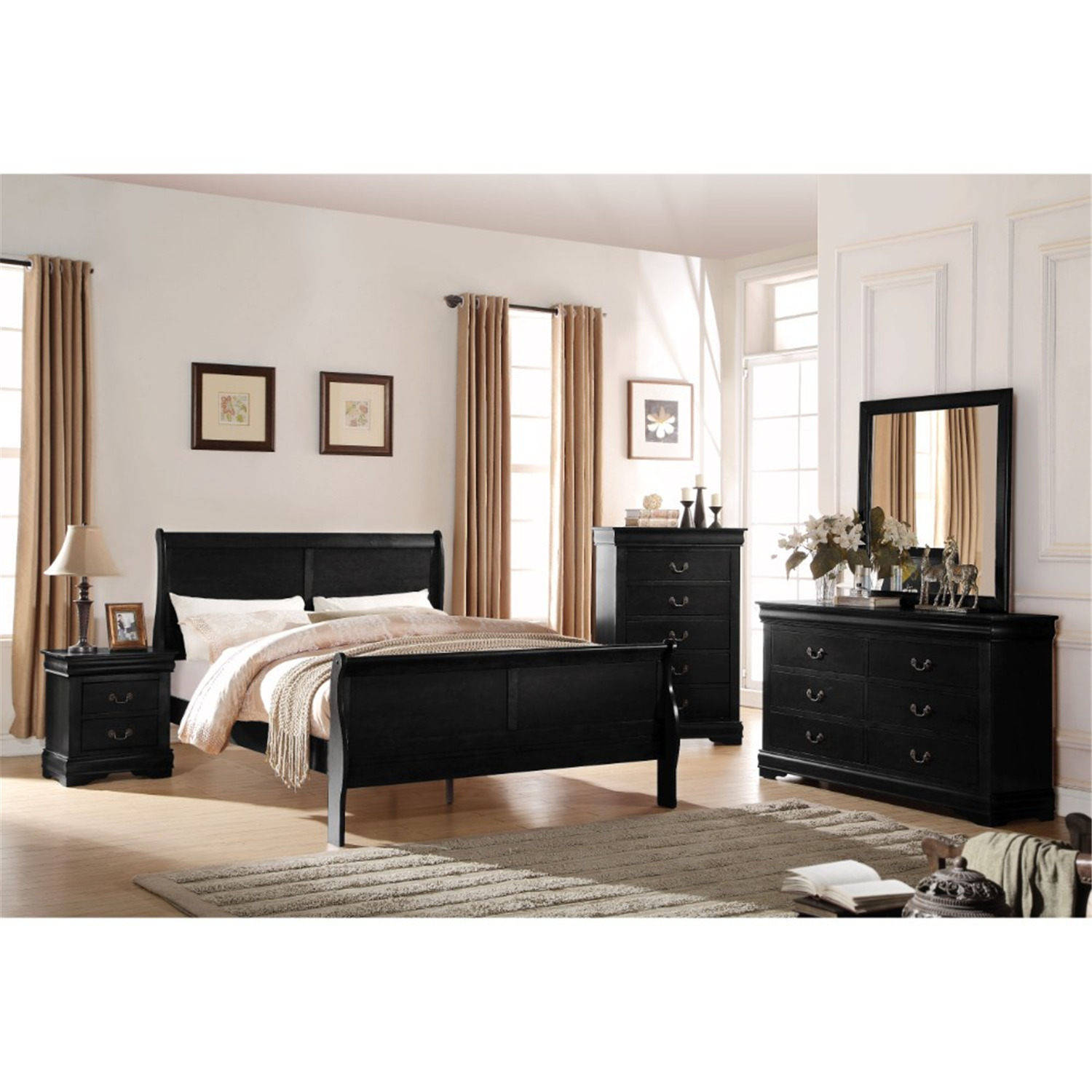 Elegant Modern Style Queen Size Sleigh Bed, Black