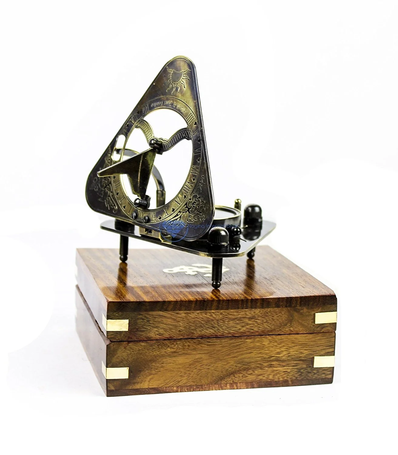 Triangular Sundial Compass (Antique Brass Finish) - With Wooden Box