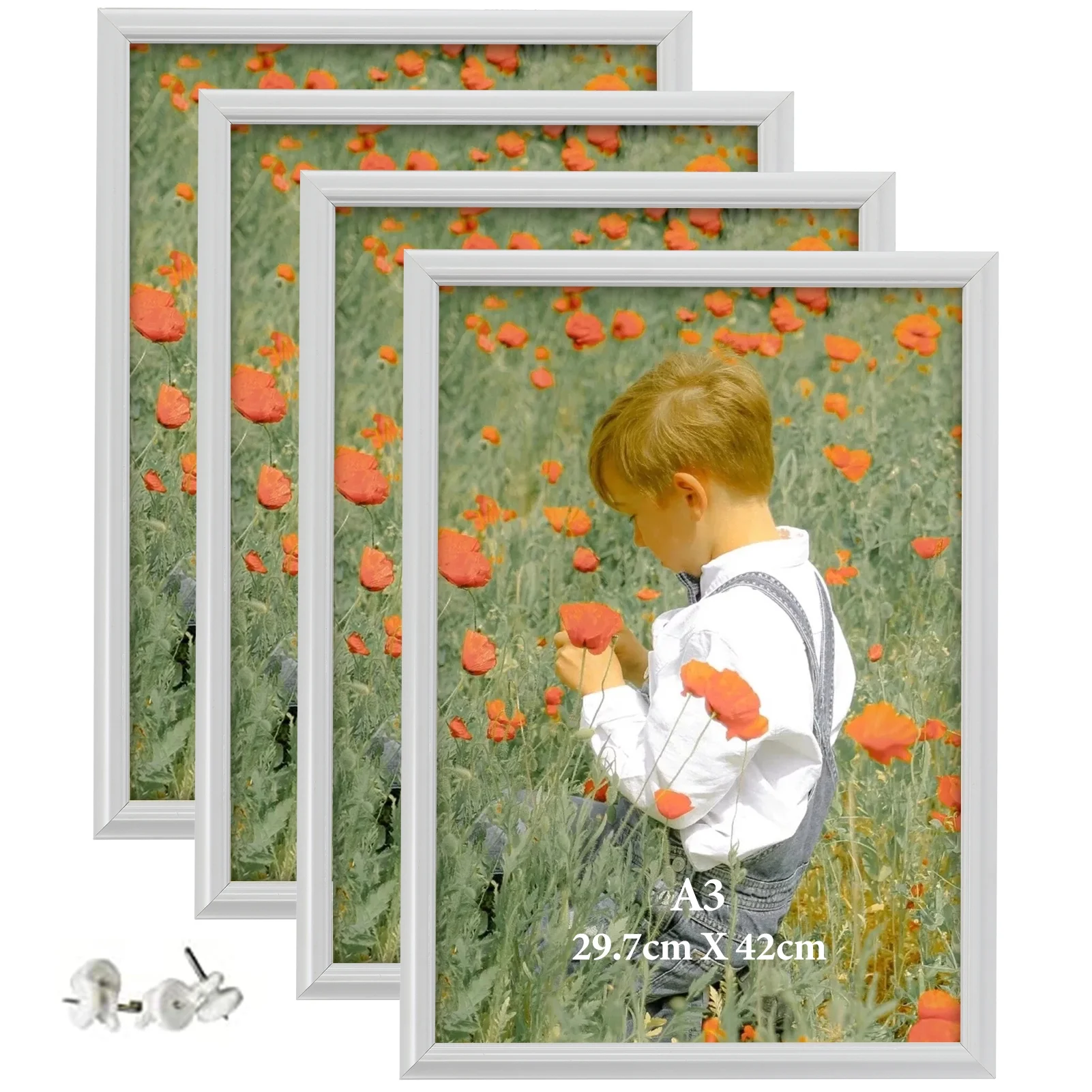 A3 Frame Set of 4, White Picture Poster Certificate Photo Frames for Wall Mount, Horizontally or Vertically
