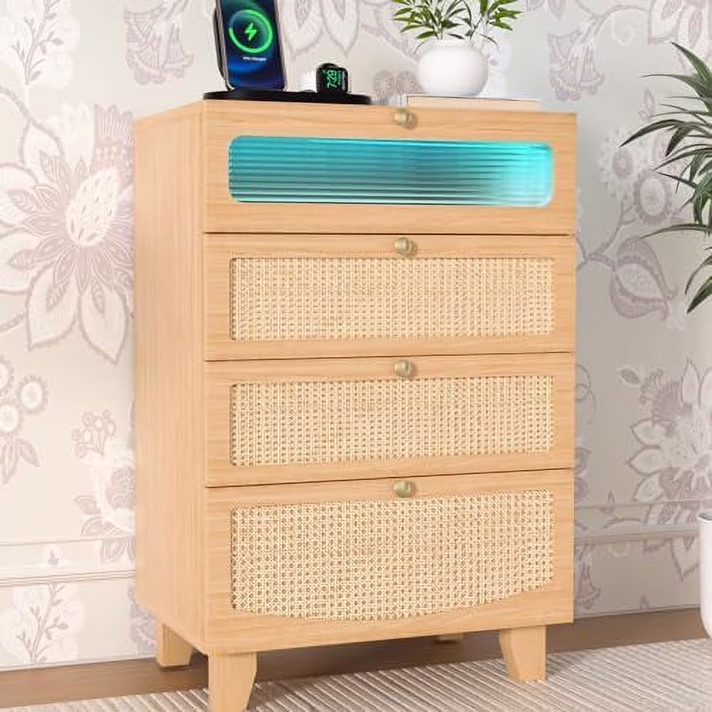 NLIBOOMLife Dresser for Bedroom with 8 Drawers  Double Dresser with LED Lights and Charging Station  Rattan Chest of Drawers  Tall Dresser with Drawers for Bedroom Living Room  Hallway