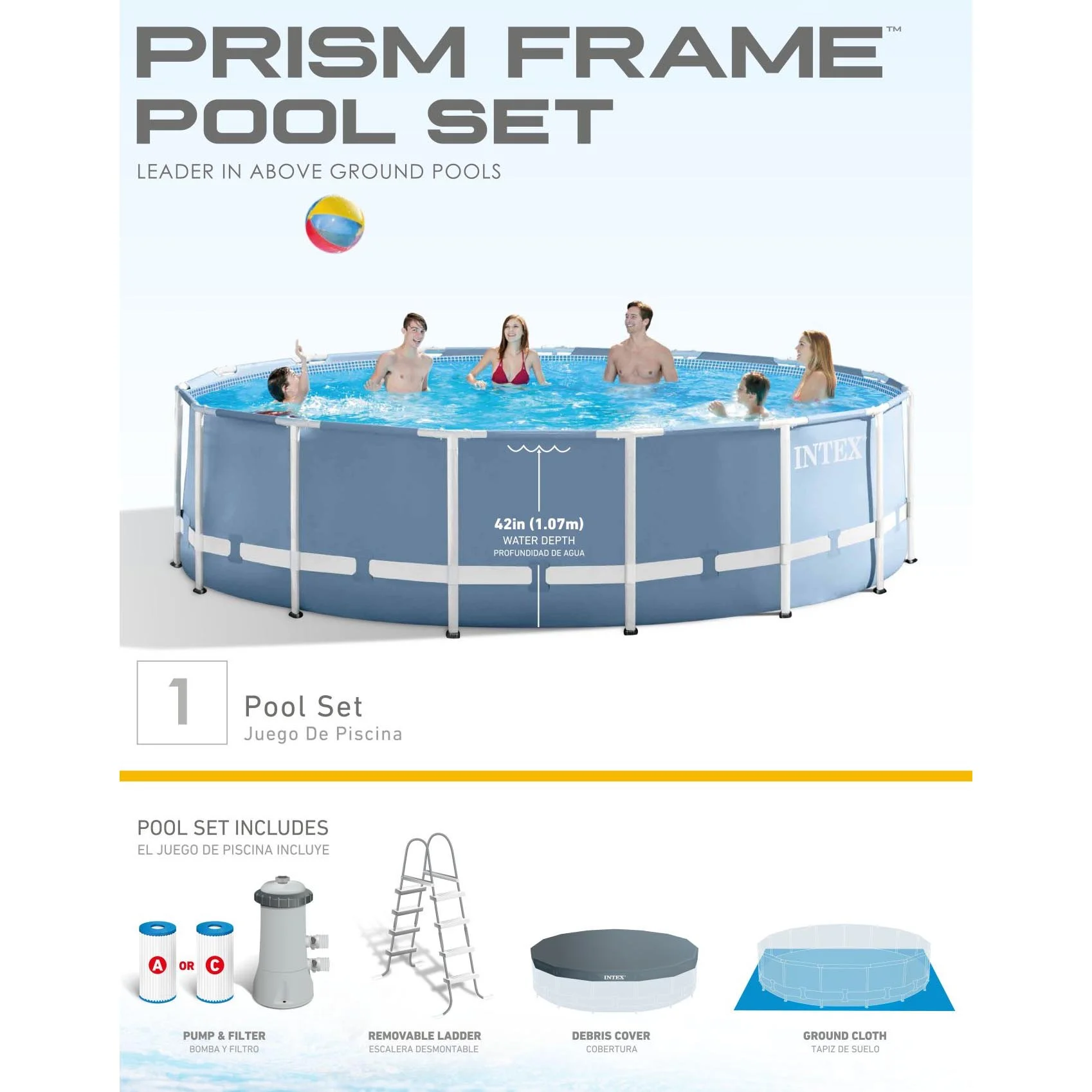 Intex 15 Feet x 48 Inches Prism Frame Swimming Pool Set w/ Ladder, Cover, & Pump