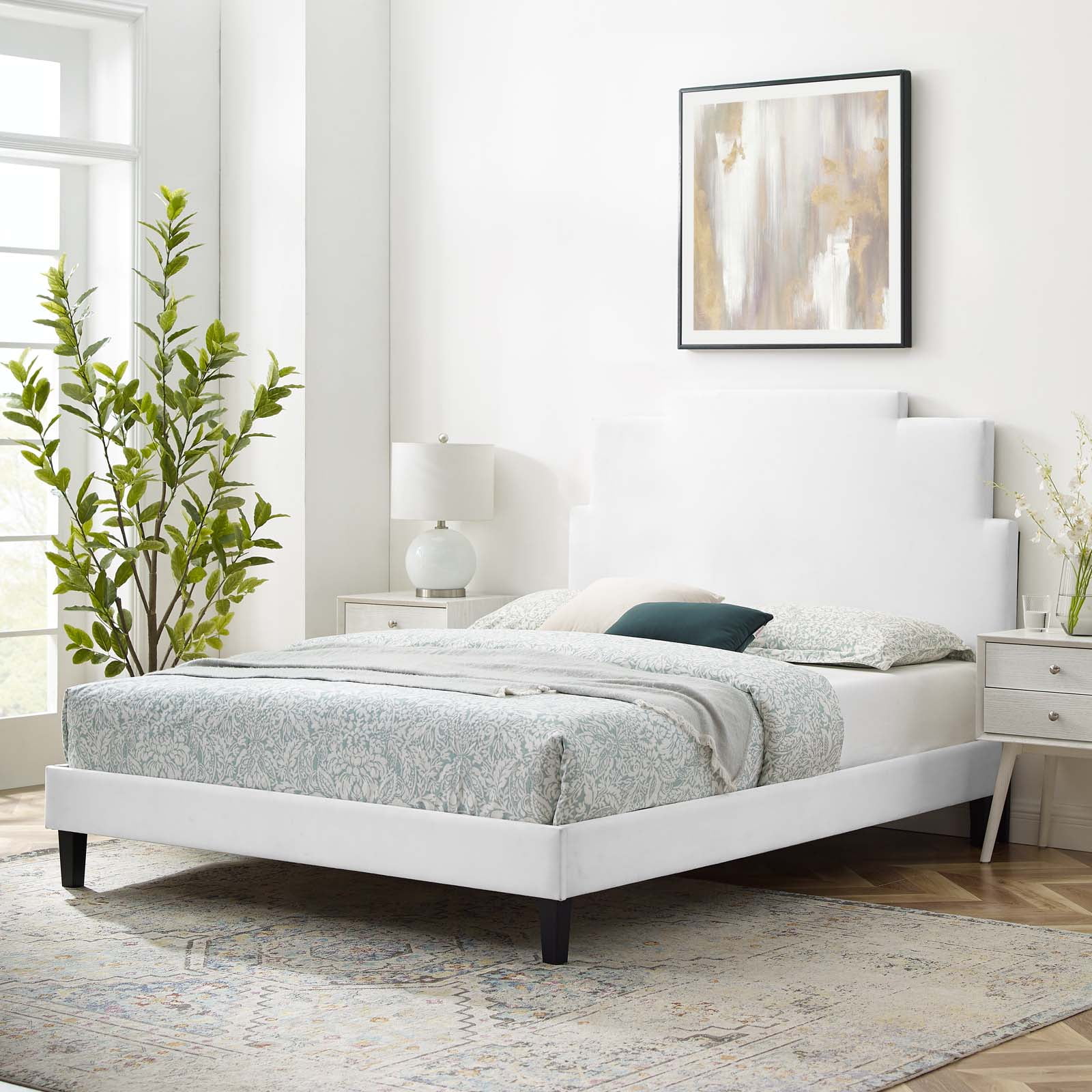Platform Bed Frame, King Size, Velvet, White, Modern Contemporary Urban Design, Bedroom Master Guest Suite