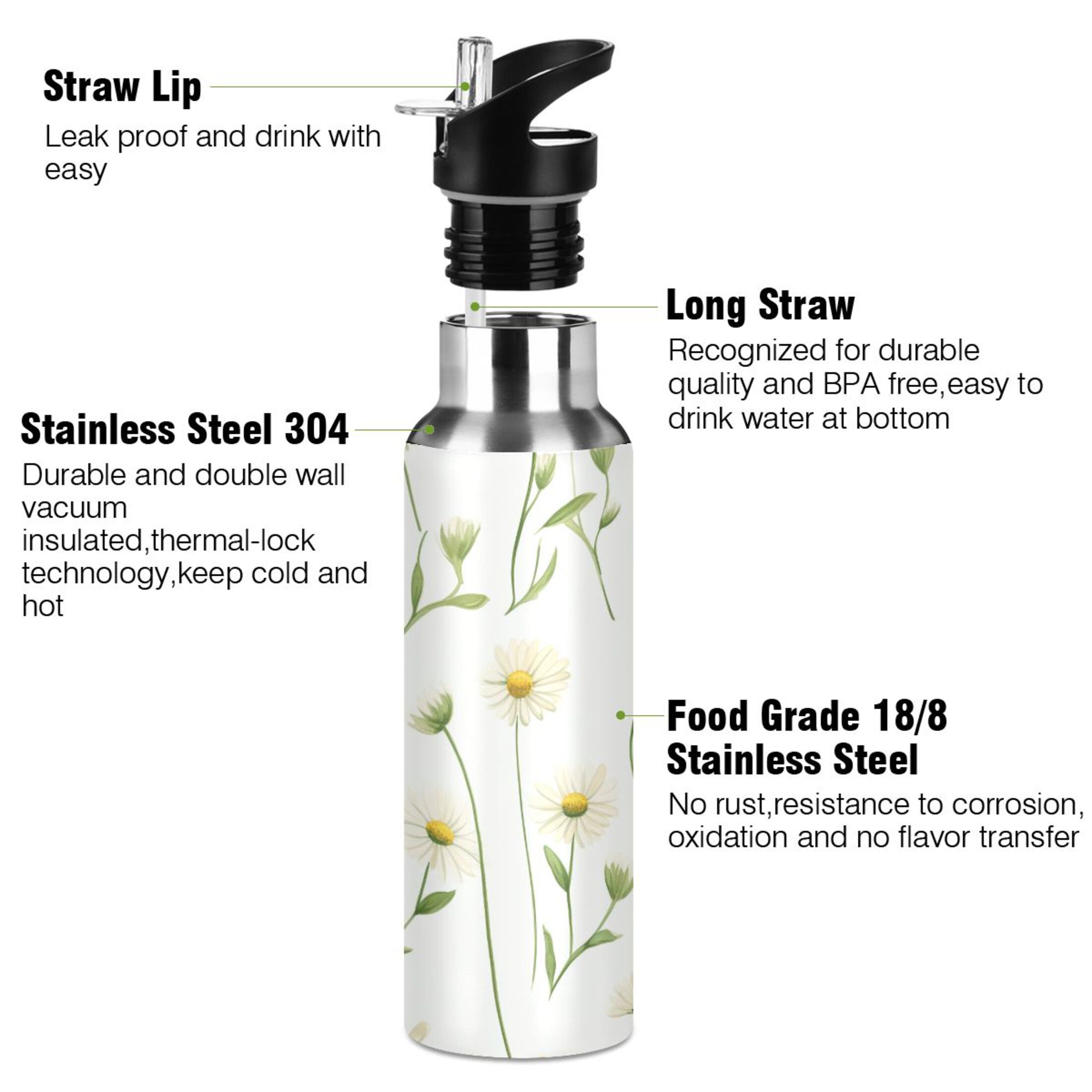 Daisy with Leaf Water Bottles Insulated Thermos Kids Stainless Steel Bottle with Straw Lid Flask Leakproof for Sports Gym 20 oz