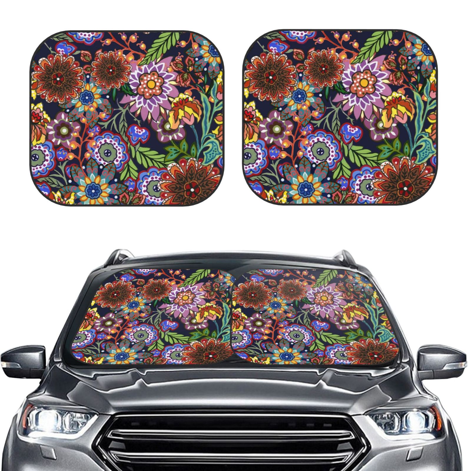 Lukts Vintage Floral Print 2 Piece Car Sun Shade Windshield,Foldable Car Shade Front Windshield With Keeps Your Vehicle Cool, For Most Sedans Suv And Trucks - Small