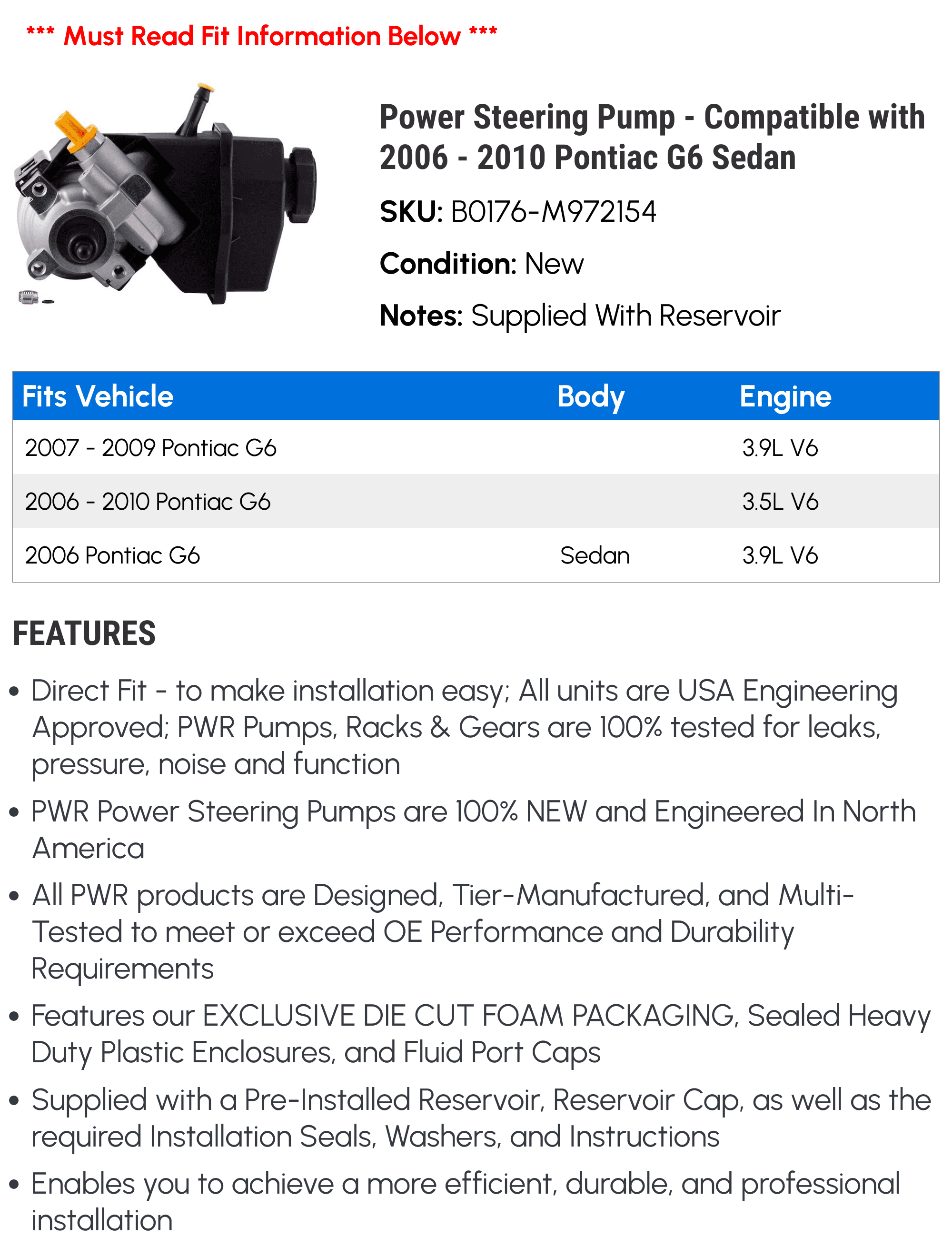 Power Steering Pump - Compatible with 2006 - 2010 Pontiac G6 Sedan 2007 2008 2009