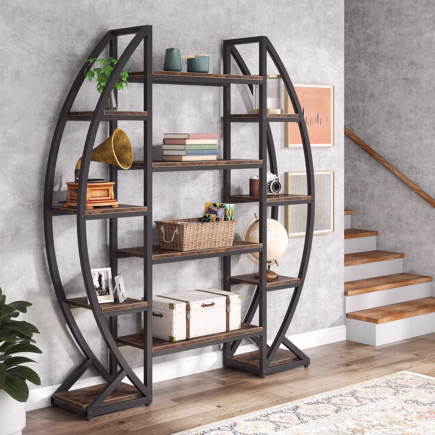 Tribesigns Bookshelf, Oval Triple Wide 5 Tiers Etagere Bookcases, Industrial Display Shelves for Living Room, Rustic Brown