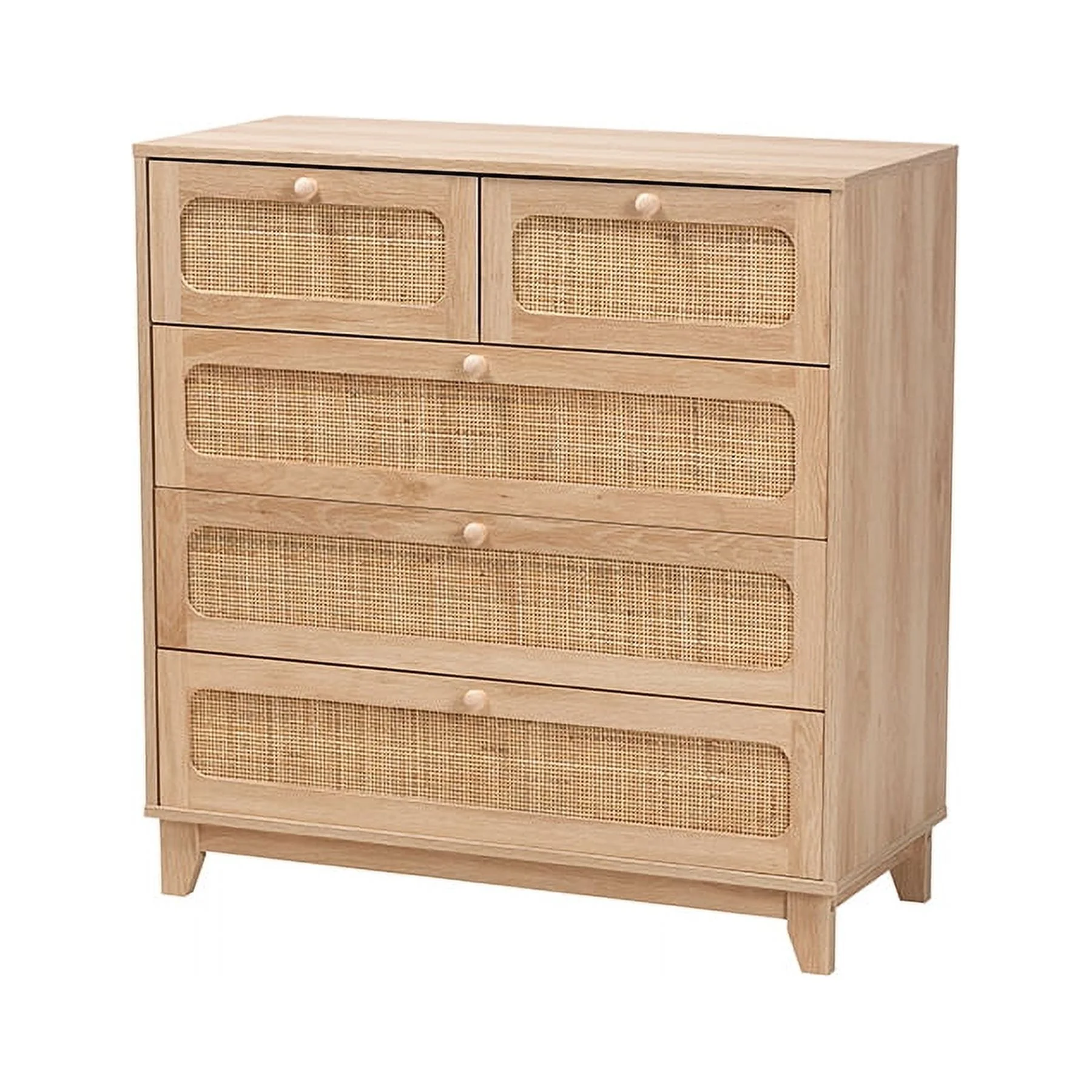 Baxton Studio Elsbeth Mid-Century Modern Oak Brown Finished Wood and Natural Rattan 5-Drawer Storage Cabinet