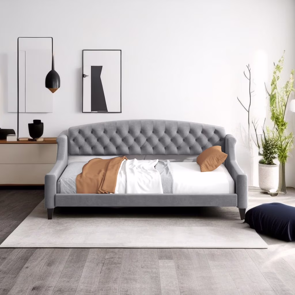 Modern Luxury Tufted Button Upholstered Daybed, Twin Size Daybed with Button Tufted Backrest, Space-Saving Design, Wood Sofa Bed Frame with Wood Slat Support for Kids Teens