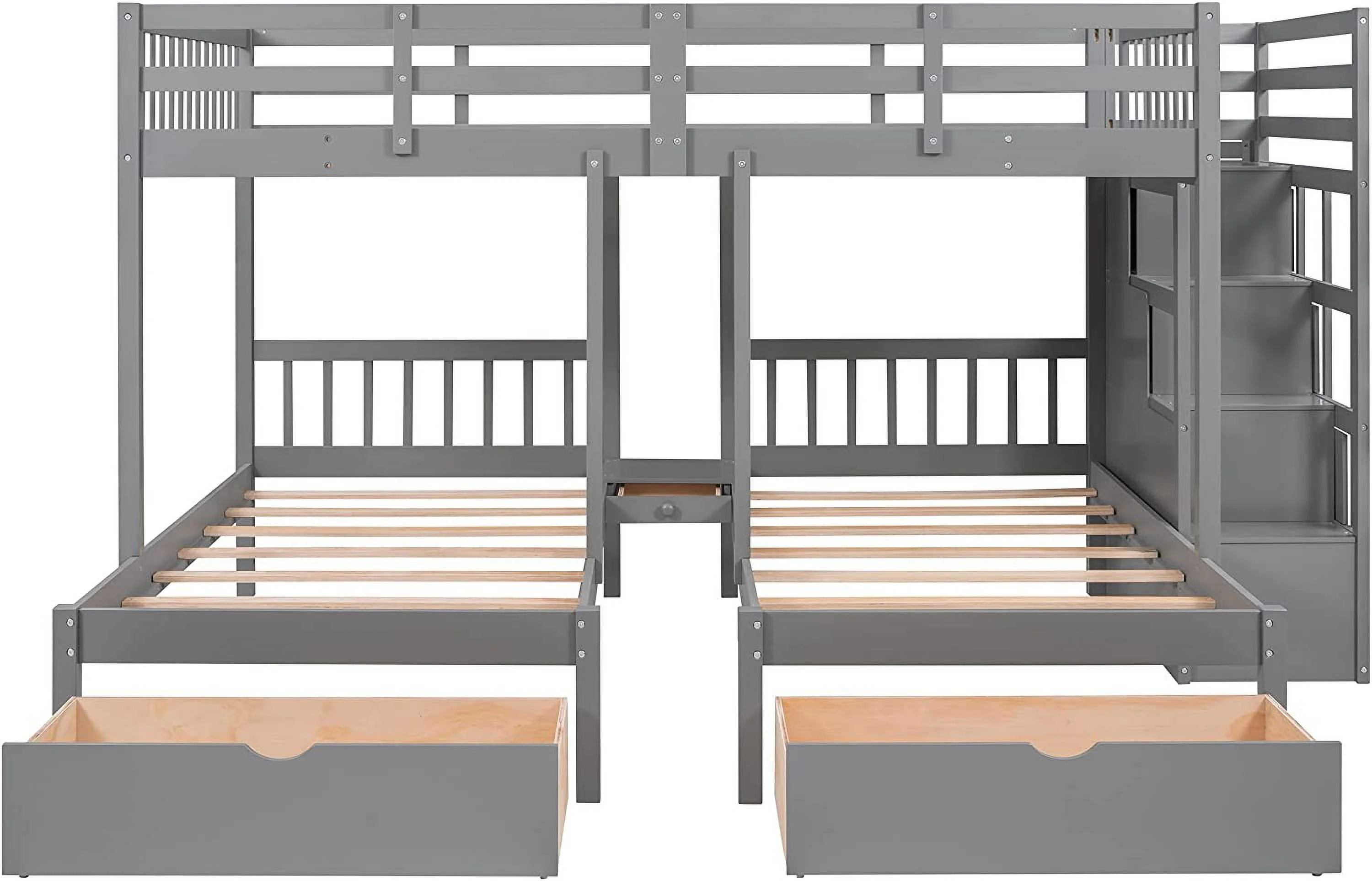 Full Over Twin & Twin Bunk Bed, Wood Triple Bunk-Beds with Drawers and Guardrails,White