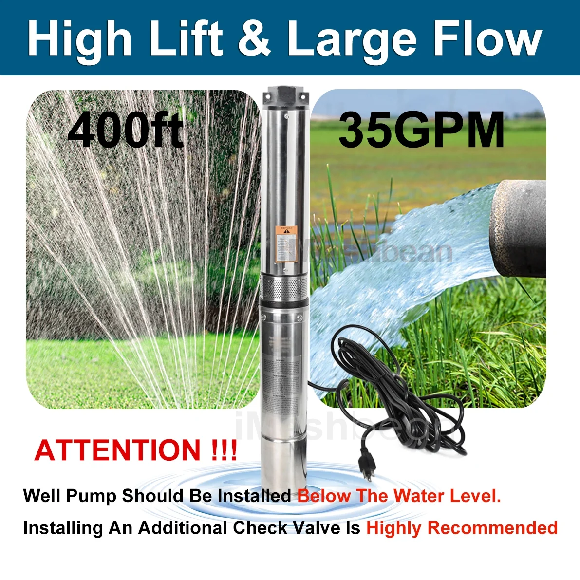 iMeshbean Deep Submersible Well Pump 2 HP Submersible Well Pump 220V Water Pump 35GPM 400ft Head with 33ft Electric Cable Stainless Steel Water Well Pumps Submersible for Irrigation Use