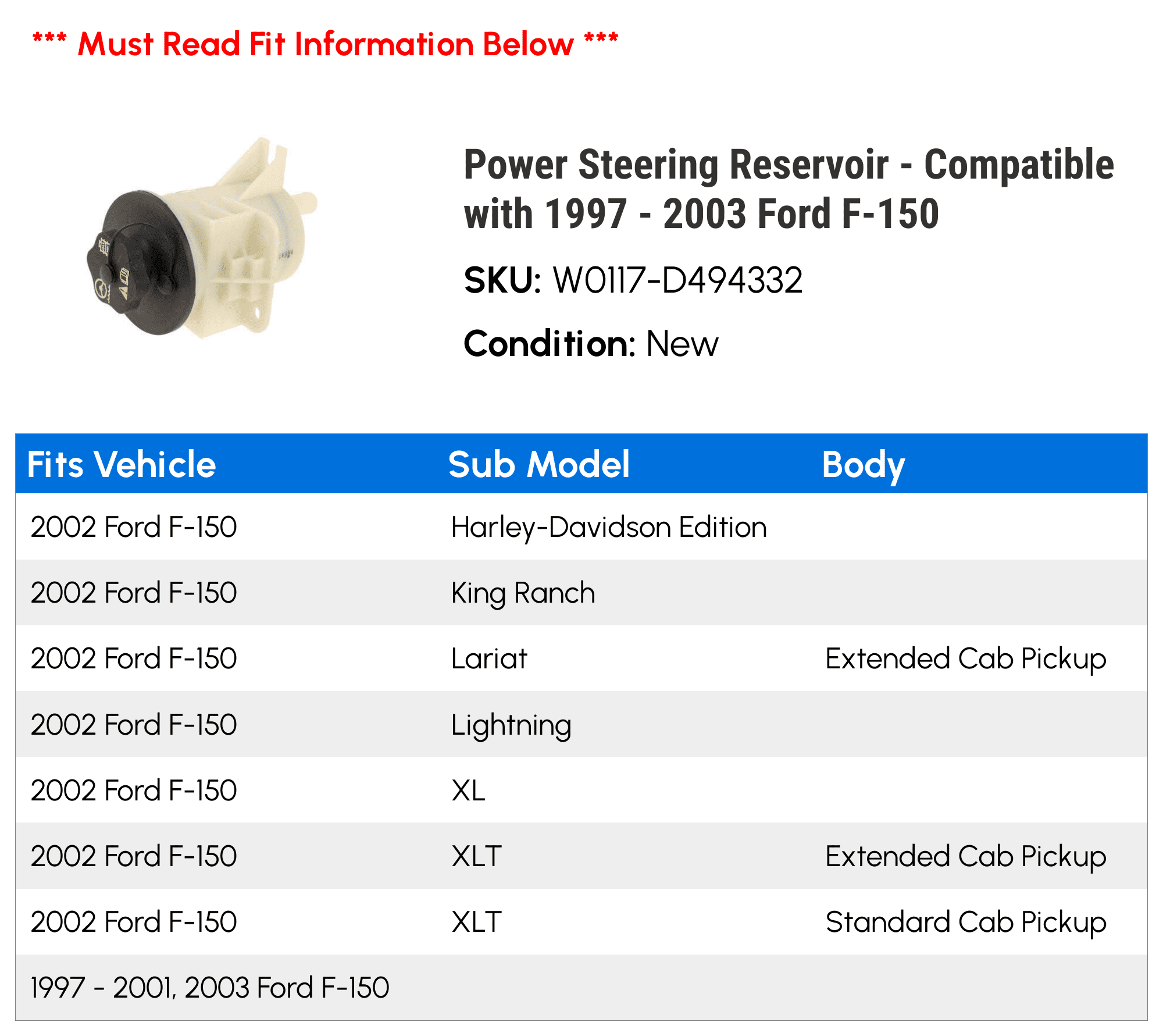 Power Steering Reservoir - Compatible with 1997 - 2003 Ford F-150 1998 1999 2000 2001 2002